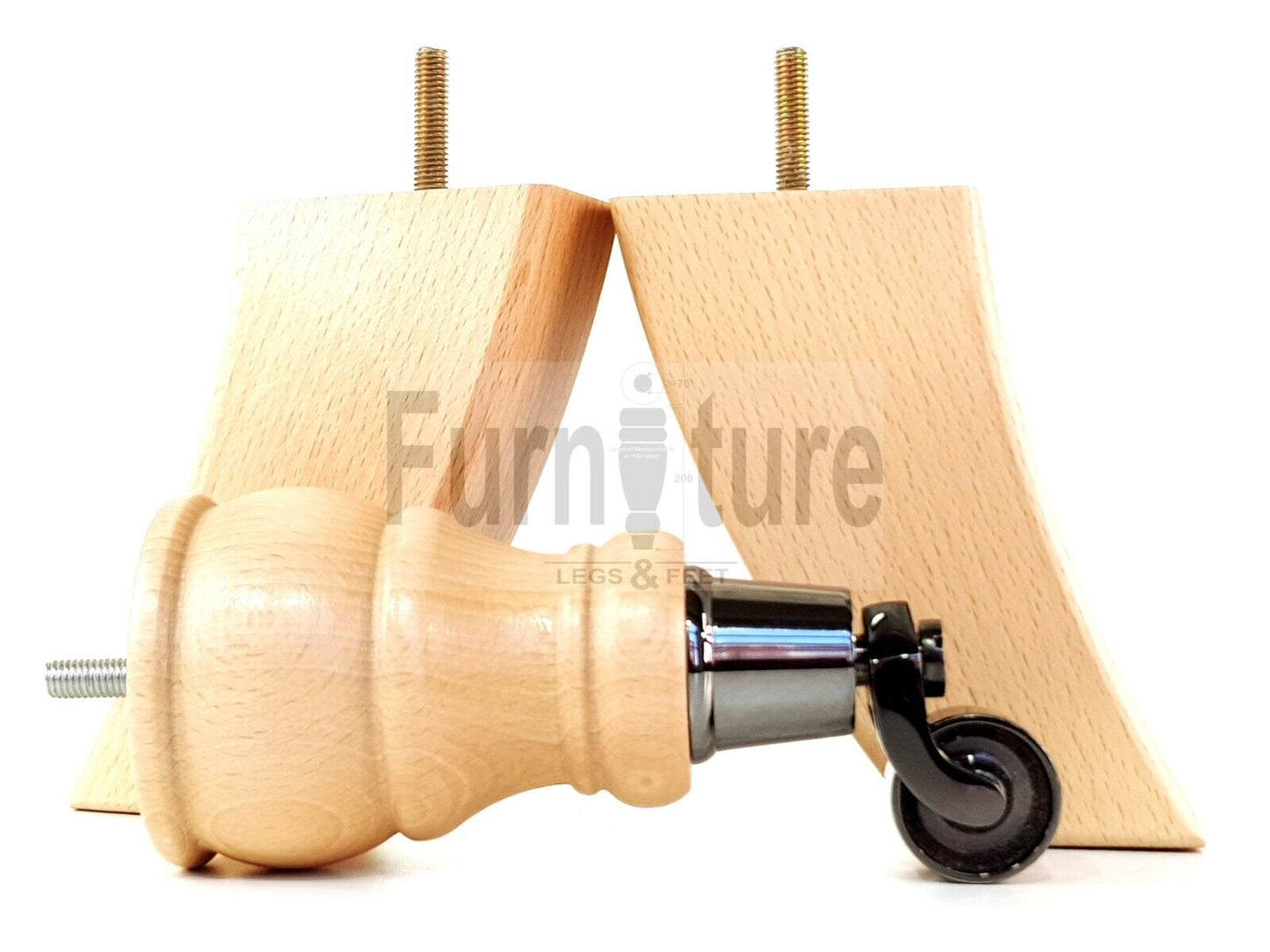 2 Wooden Castor Furniture Sofa Legs & 2 Curved Back Feet  Natural M8 Chair Settee Feet 160mm High