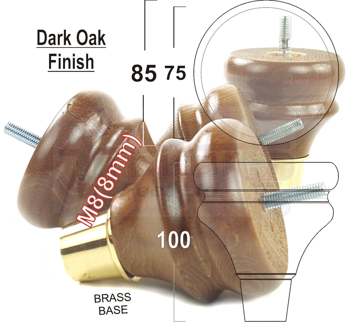 4x Turned Wood Furniture Feet M8(8mm) With Slipper Cup Chair Sofa Settee Legs 110mm