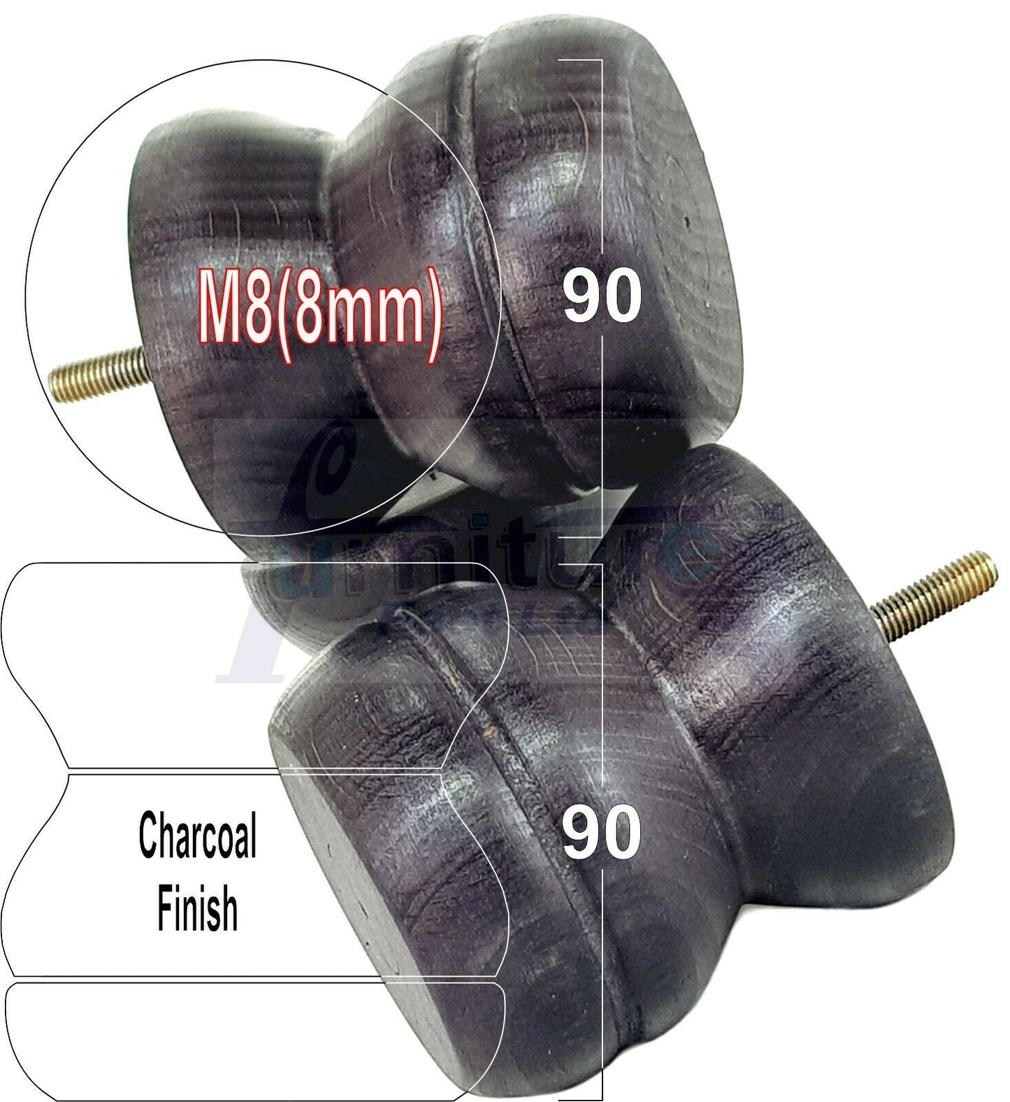 4x Turned Solid Wood Furniture Legs Replacement Bun Feet 90mm High 8mm Thread