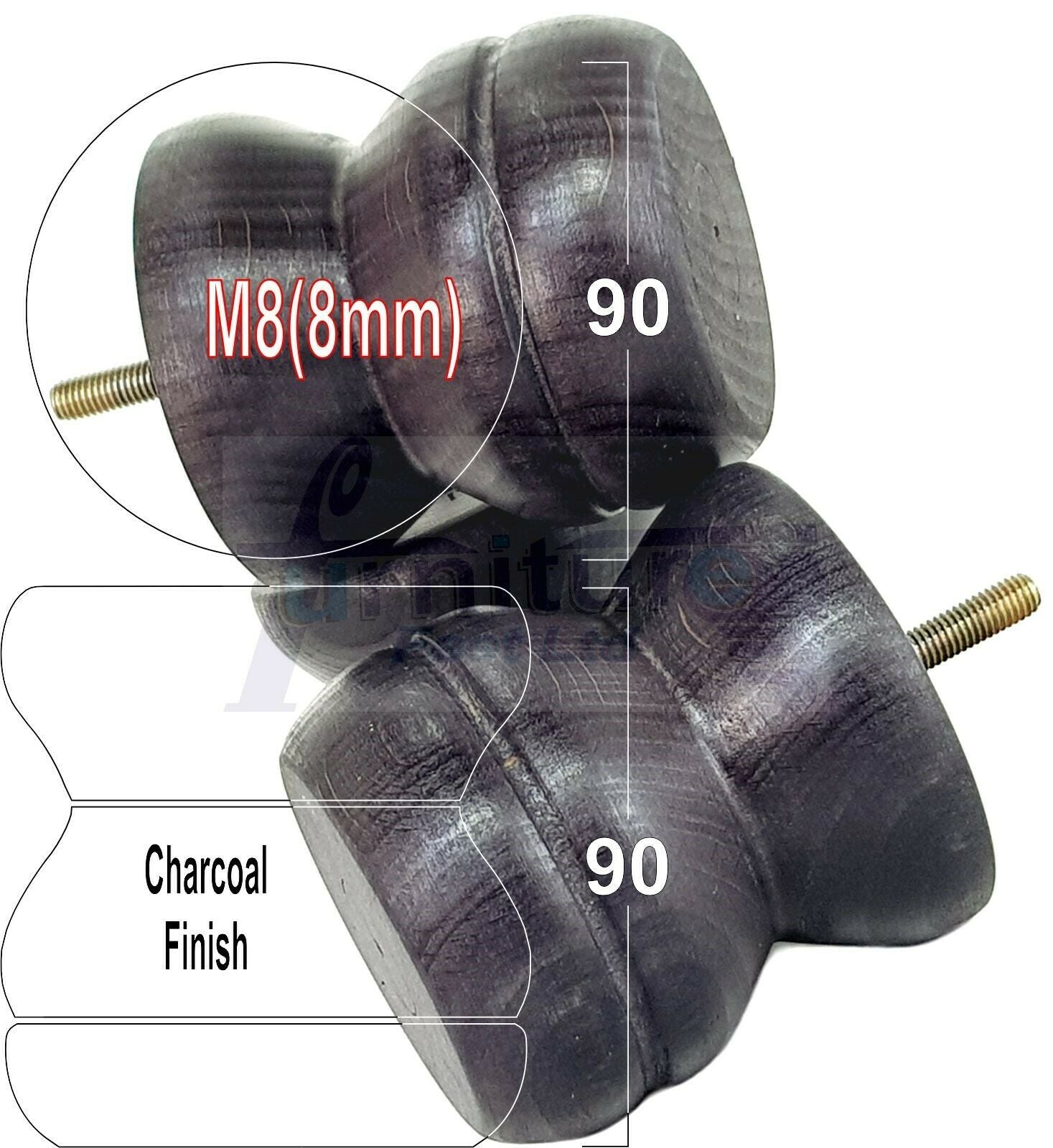 4x Turned Solid Wood Furniture Legs Replacement Bun Feet 90mm High 8mm Thread