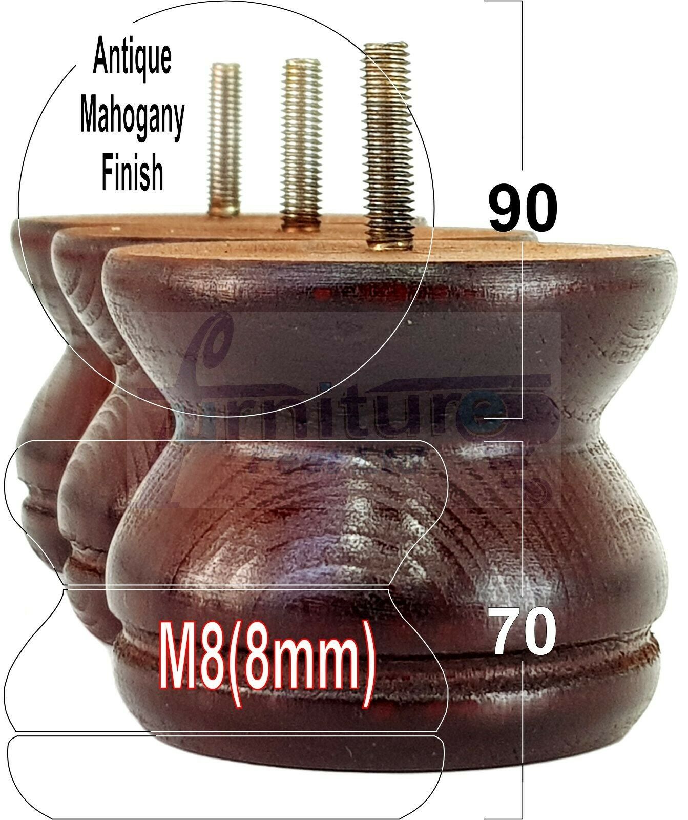 4x Turned Solid Wood Furniture Legs Replacement Bun Feet 70mm High 8mm Thread