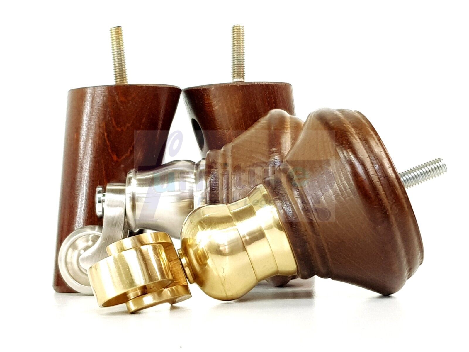 2 Antique Brown Wood Furniture Sofa Legs With Castor 125mm & 2 Angled Back Feet Chair Settee 100mm High M8