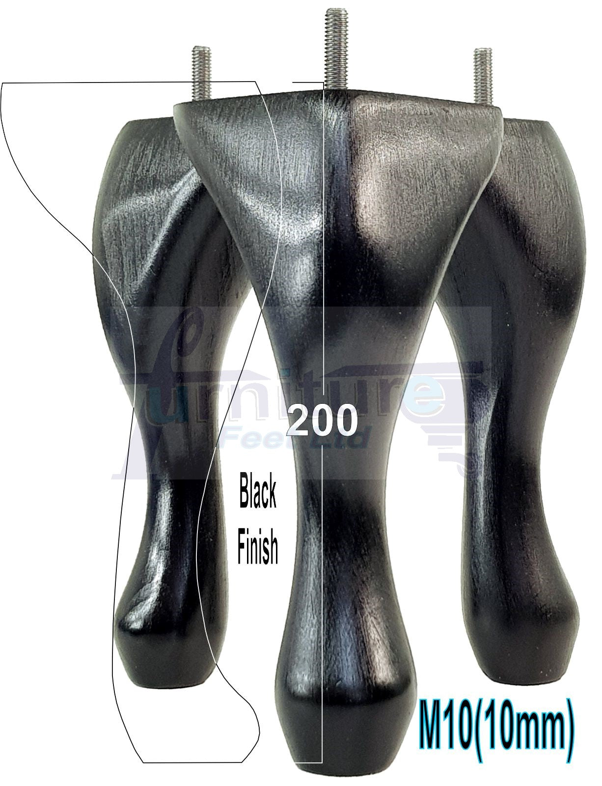 4 Solid Wood Furniture Legs 200mm High Queen Anne Replacement Feet Chairs Settees Sofas M10 Thread