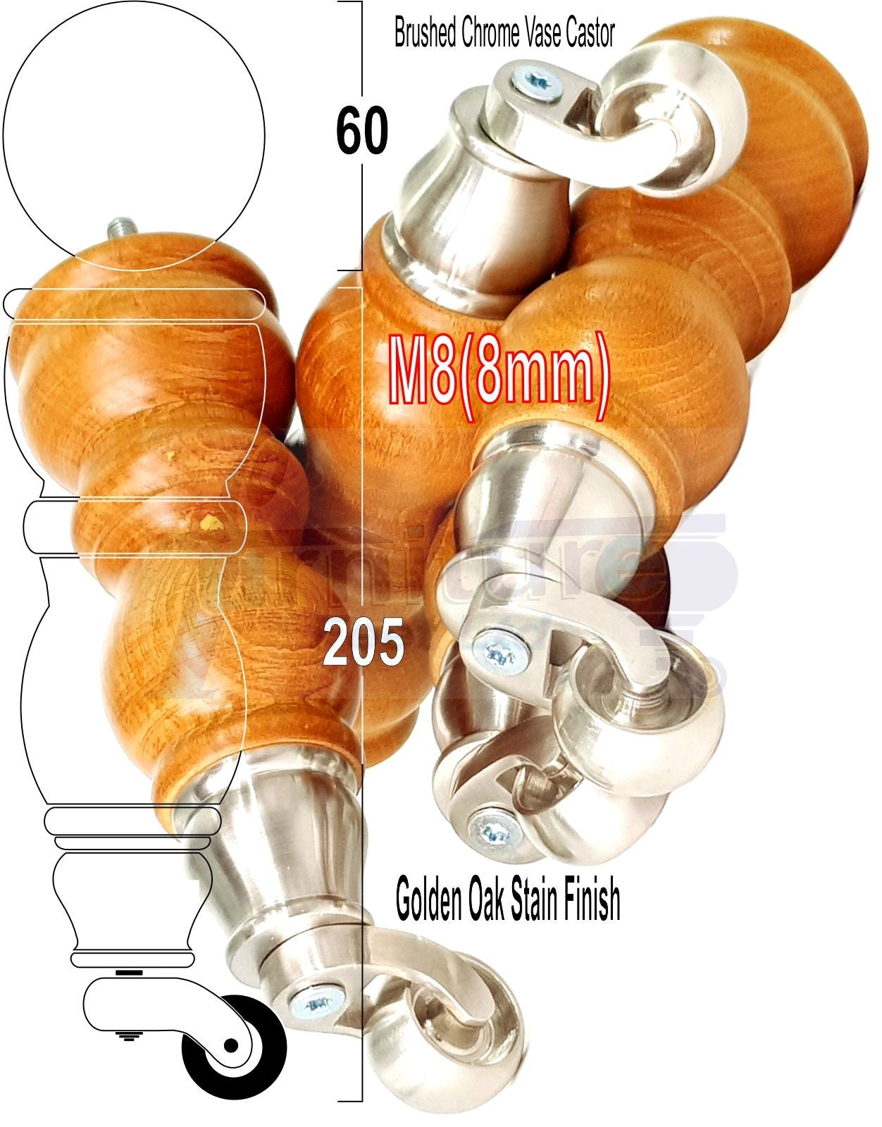 Solid Wood Furniture Feet With Castors Set of 4 Legs 205mm High For Sofas Chairs Stools Cabinets & Beds M8