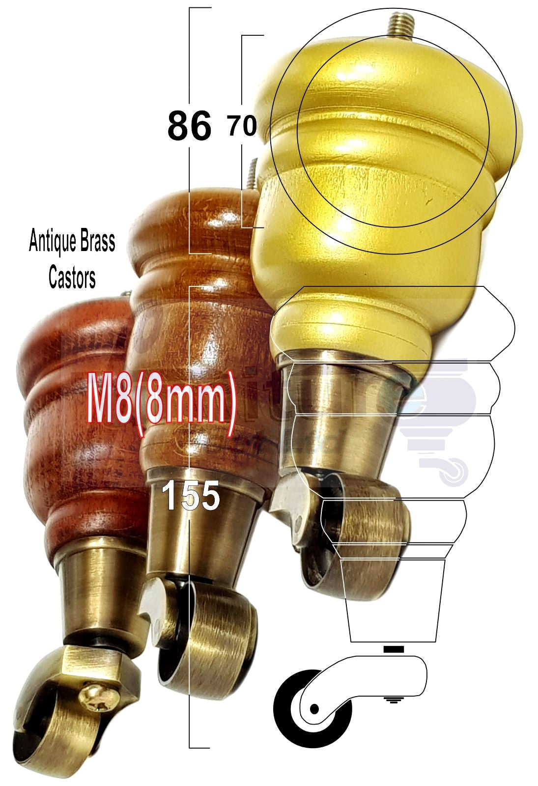 4 Turned Wood Furniture Feet With Antique Brass Castors 155mm Legs Sofas Chairs Stools Cabinets Beds M8 6 Inches