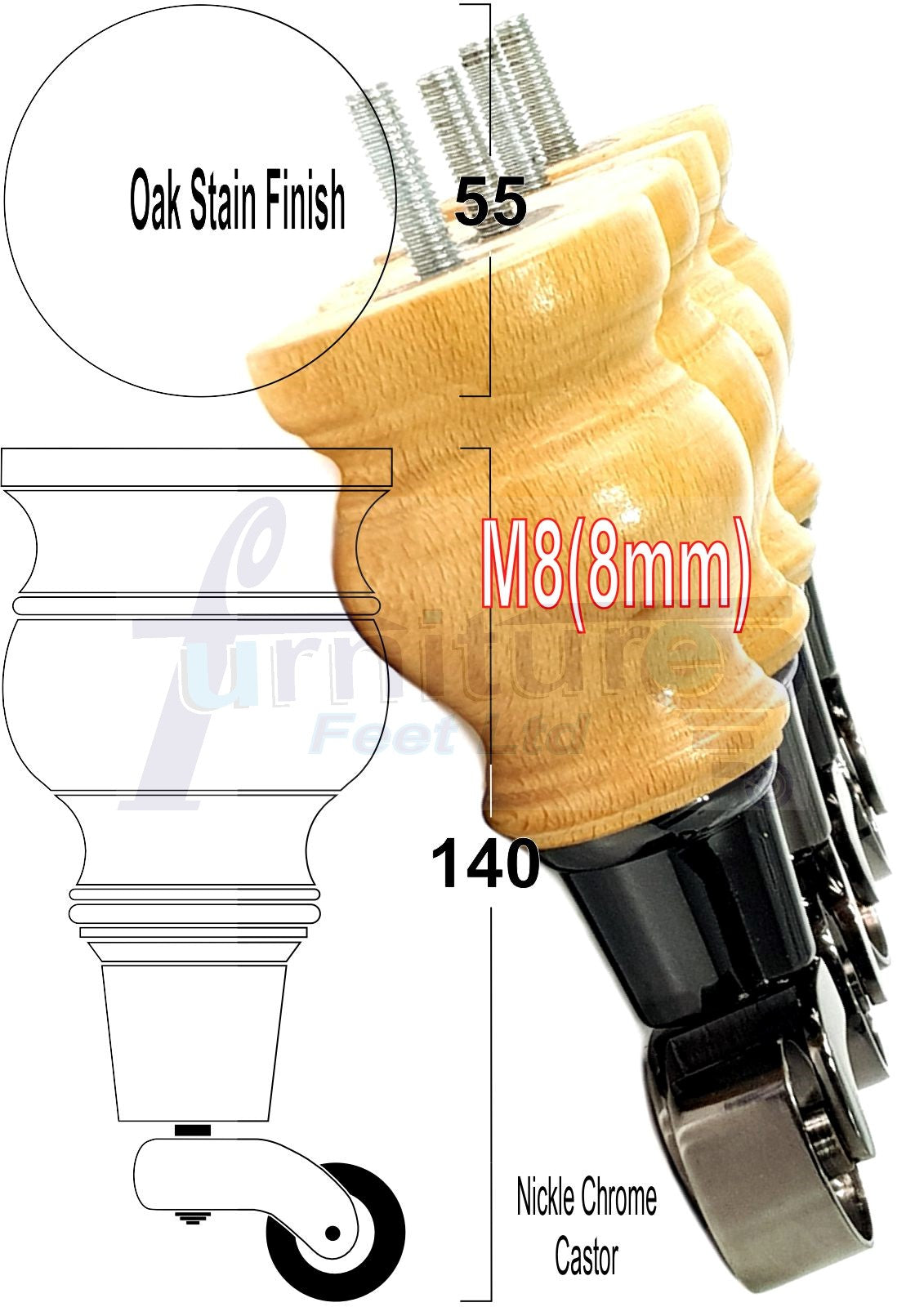 Set Of 4 Turned Wood Furniture Legs With 150mm High Castor 8mm Thread For Chairs Settees & Cabinets Oak Stain Finish