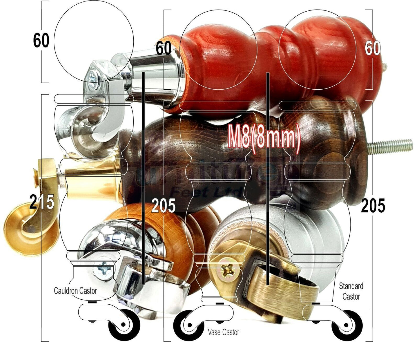 4x Furniture Feet With Castor 205mm High Legs Dark Oak Wood M8 Sofas Chairs Stools Cabinets 8 Inches Tall