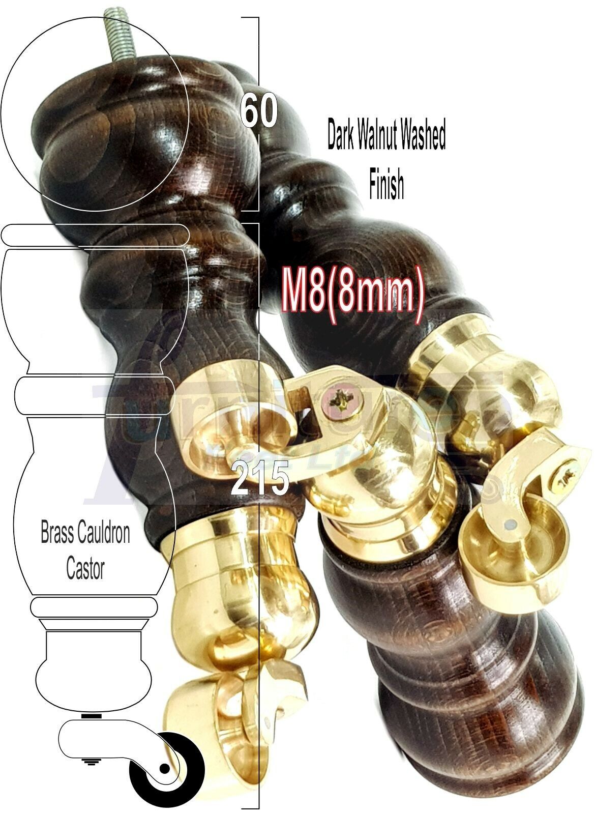 4x Furniture Feet With Castor 205mm High Legs Walnut Wood Finish M8 Sofas Chairs Stools Cabinets 8 Inches Tall