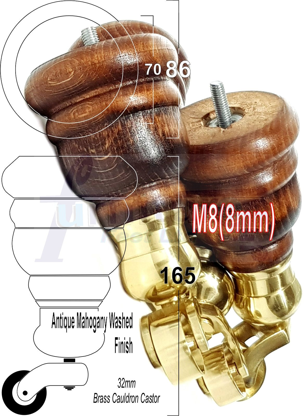 4 Turned Wood Furniture Feet With Brass Cauldron Castors 160mm Legs Sofas Chairs Stools Cabinets Beds M8 6 Inches