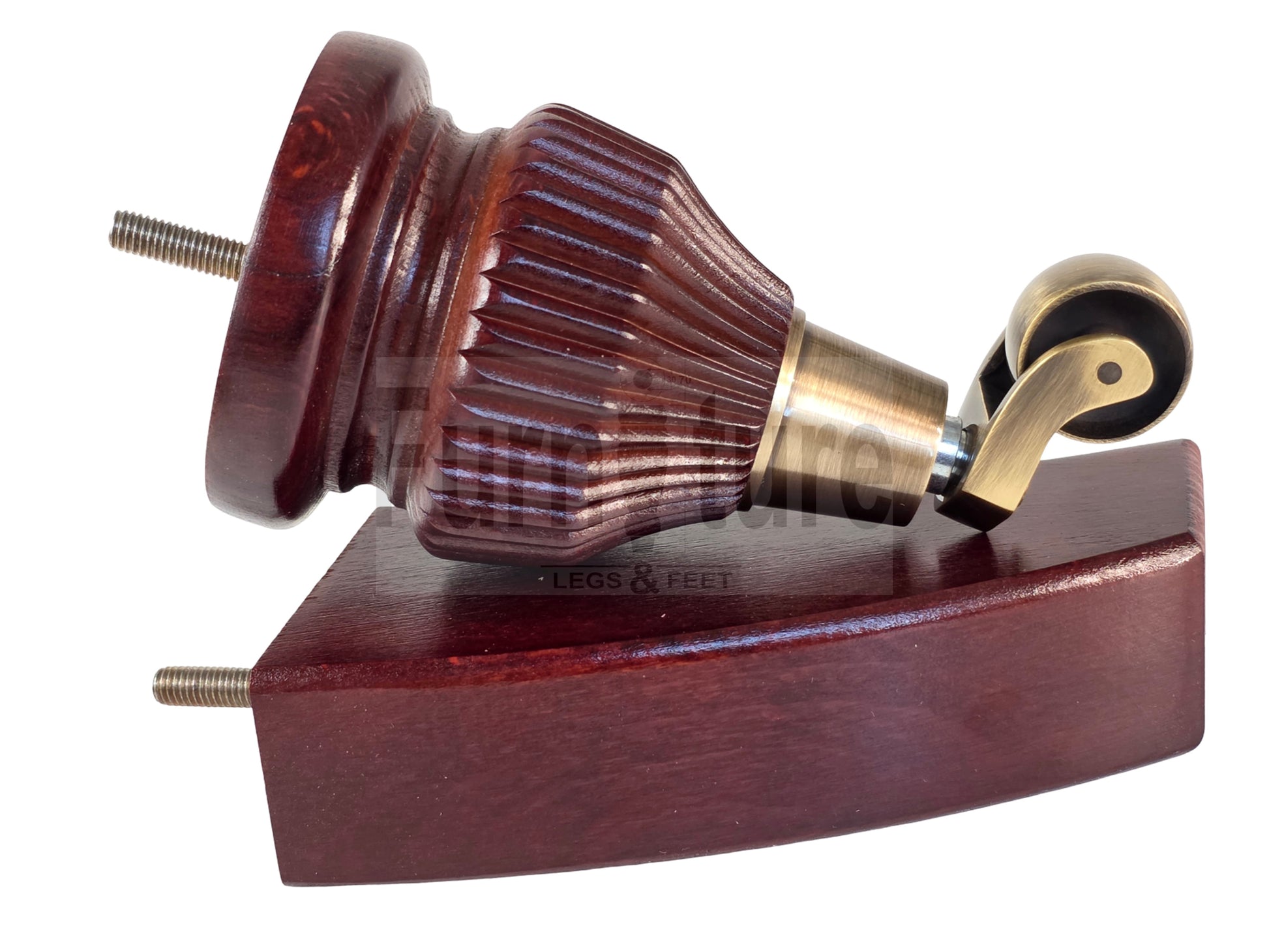 Solid Wood Furniture Replacement Legs 6 Inches with Castors and Back Feet 155mm High M8 Dowl Fixing - Mahogany Finish