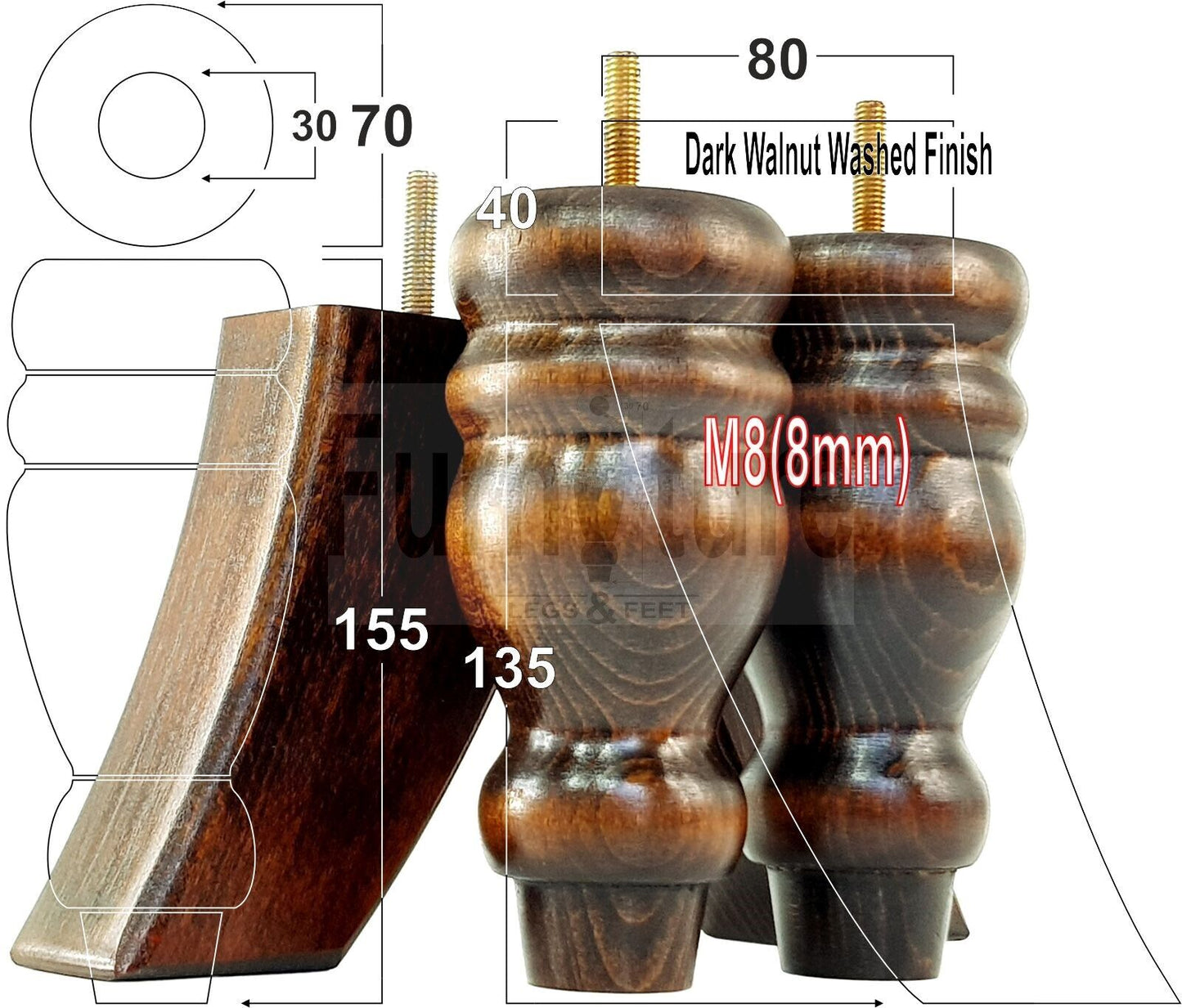 2x Turned Wood Furniture Feet 155mm and 2 Curved Back Legs Sofas Chairs Beds M8 Thread 6 Inches