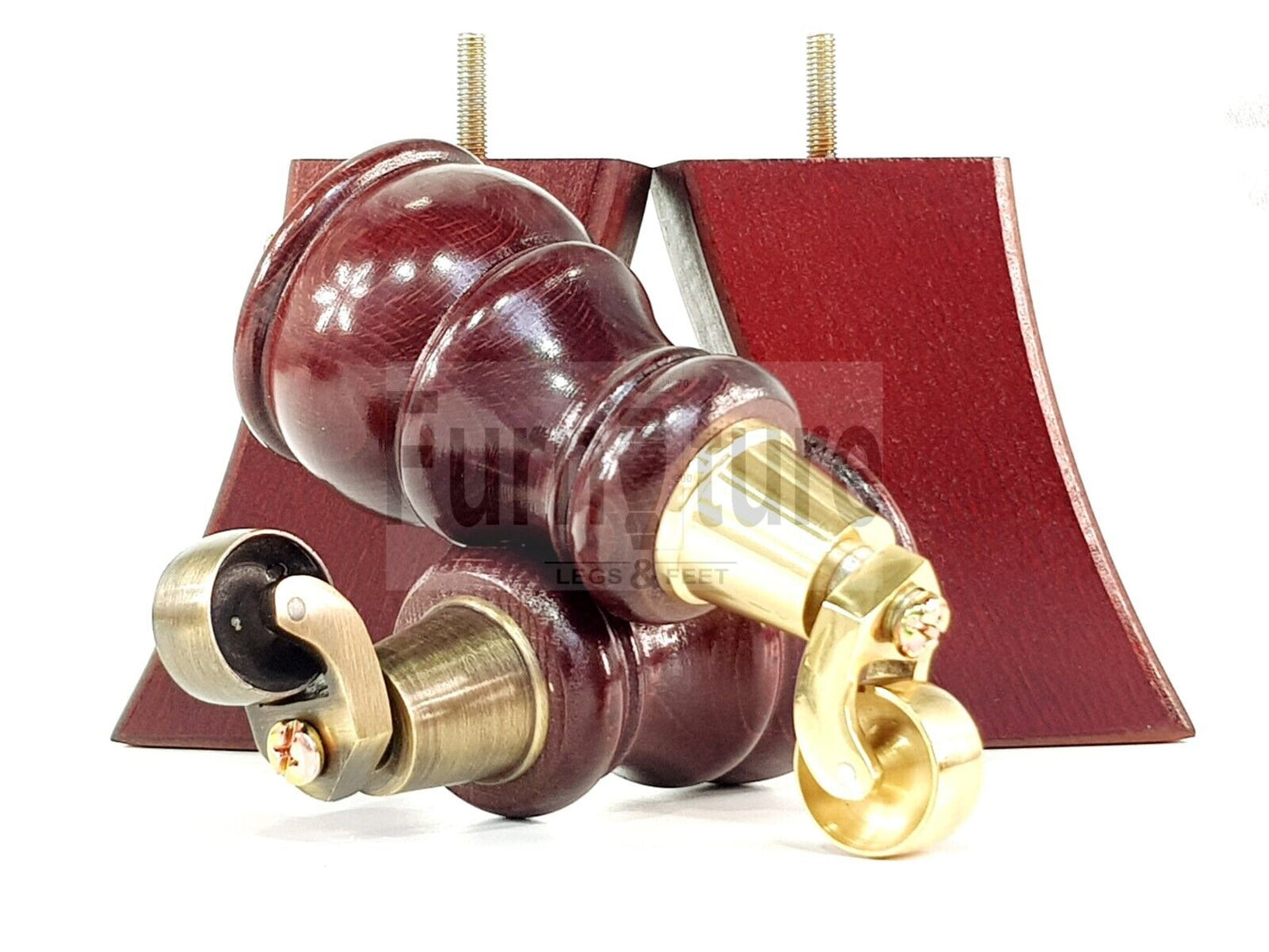 2 Wooden Castor Furniture Sofa Legs & 2 Curved Back Feet  Mahogany M8 Chair Settee Feet 160mm High