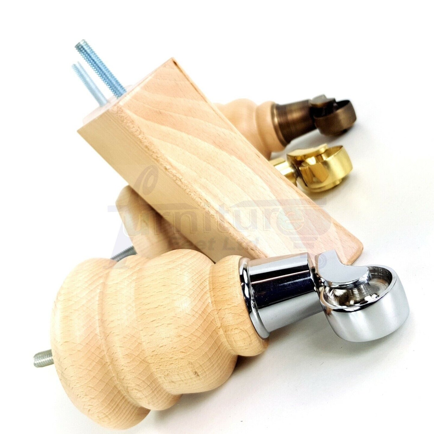 Turned Natural Wood Furniture Feet 2 With Castors 155mm and 2 Curved Back Legs Sofas Chairs Stools Cabinets Beds M8 6 Inches