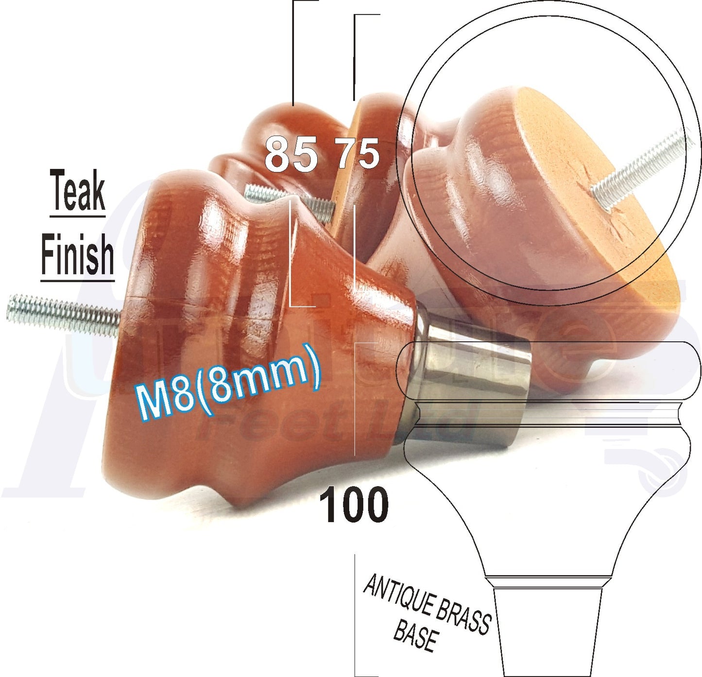 4x Turned Wood Furniture Feet M8(8mm) With Slipper Cup Chair Sofa Settee Legs 110mm