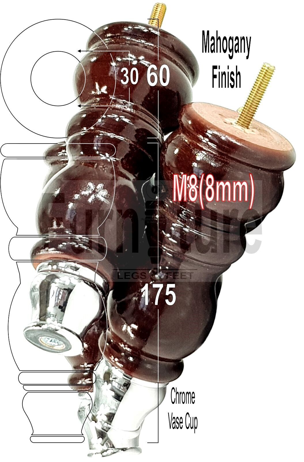 4x Furniture Feet With Slipper Cup 175mm High Legs Mahogany Finish Wood M8 Sofas Chairs Cabinets