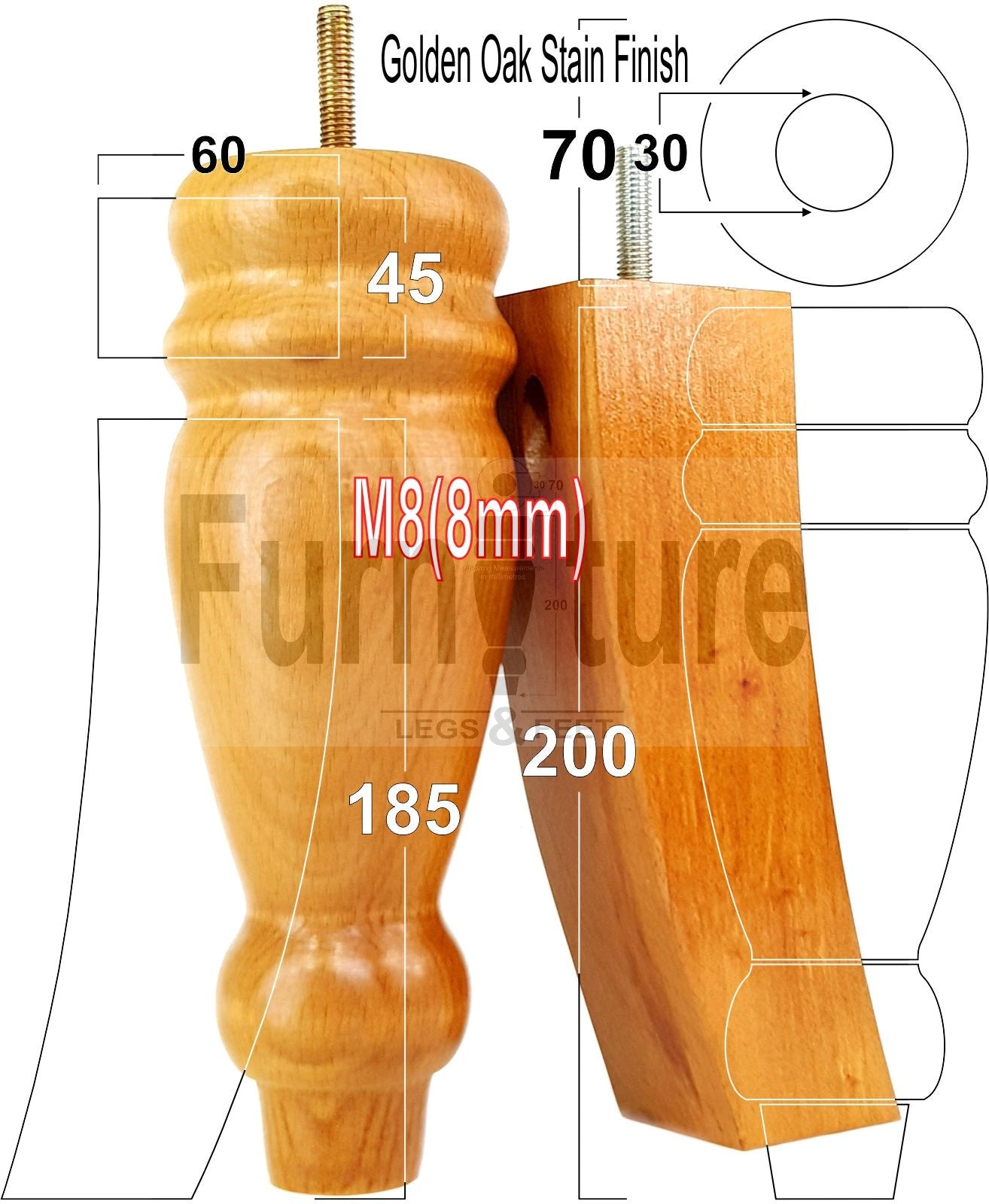 2 Traditional Turned Furniture Feet Replacement Sofa Legs 200mm & 2 Curved Back Legs 185mm for Chairs Stools Sofa Beds Settee Cabinets M8