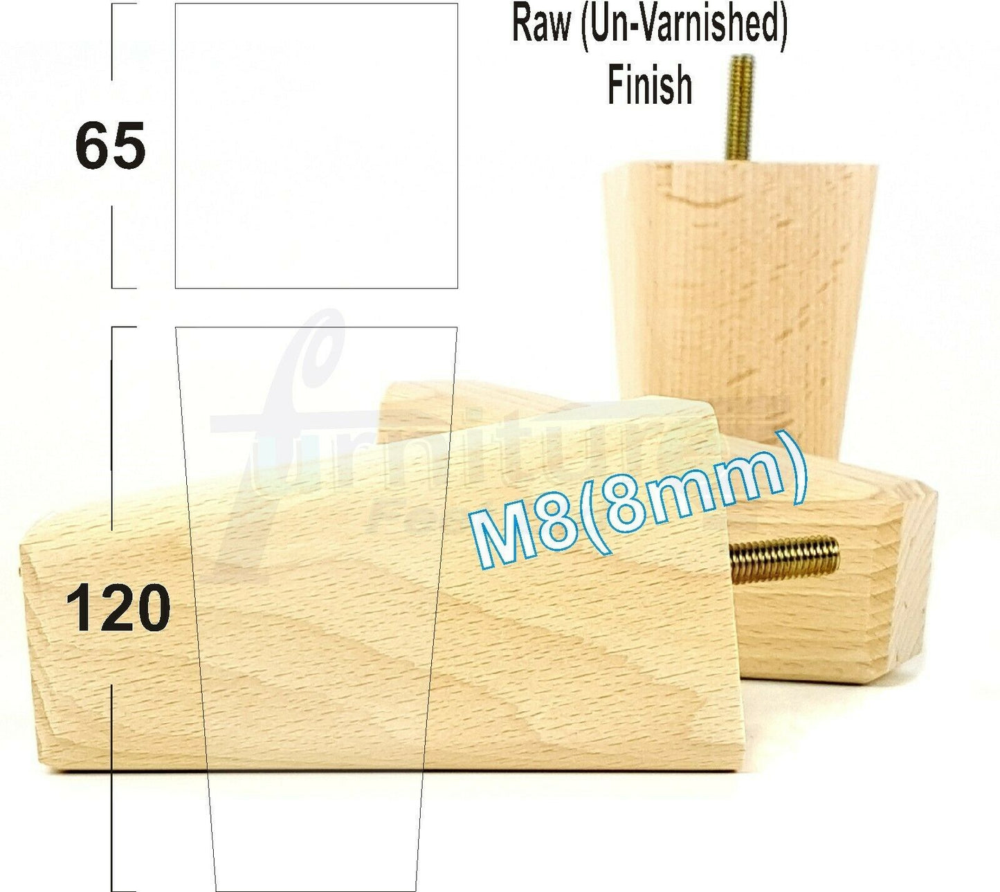 4x Wooden Furniture Legs 120mm High Replacement Square Tapered Feet 8mm