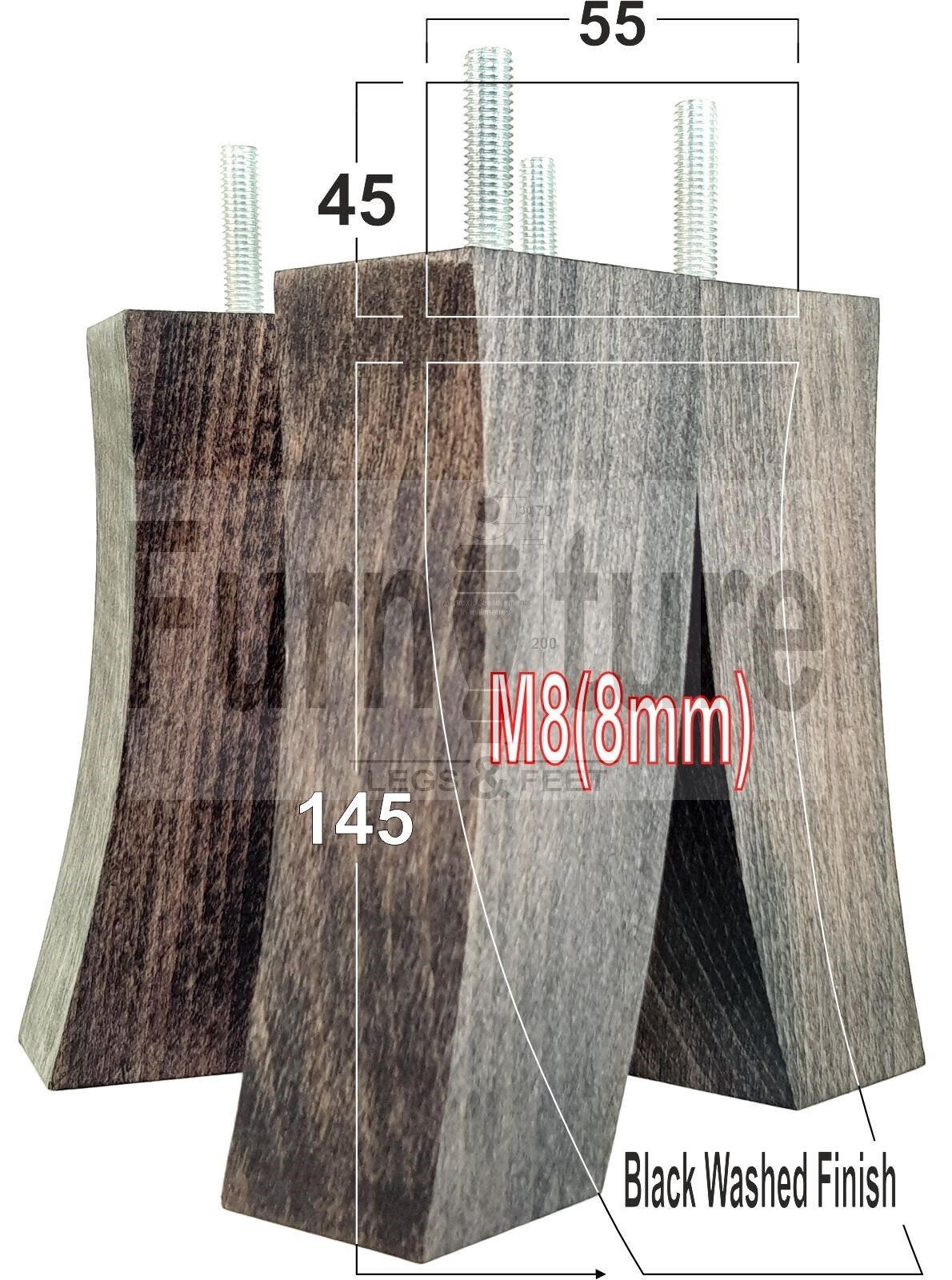 Set Of 4 Solid Wood Curved Furniture Feet Replacement Legs 145mm High M8(8mm)