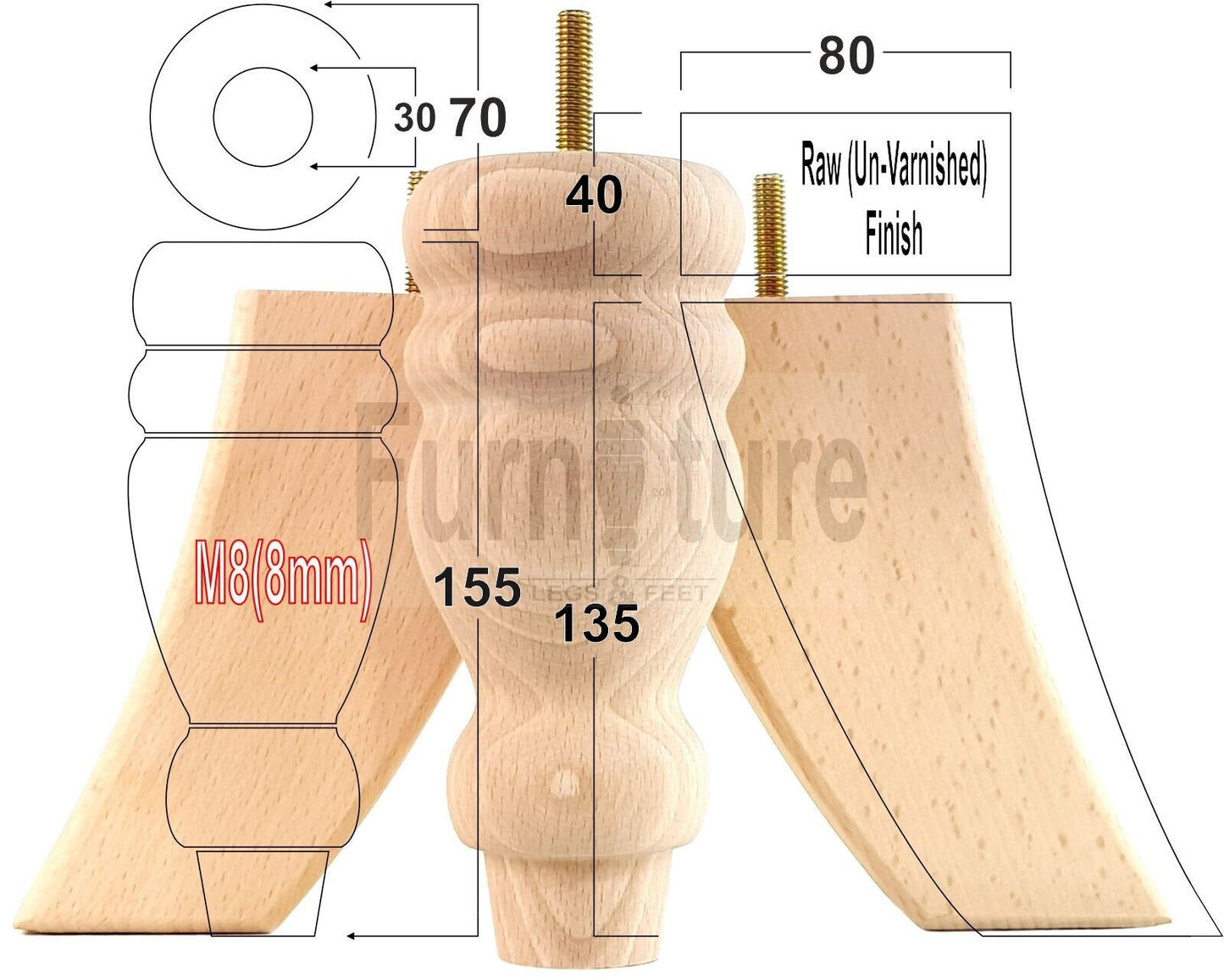 2x Turned Wood Furniture Feet 155mm and 2 Curved Back Legs Sofas Chairs Beds M8 Thread 6 Inches