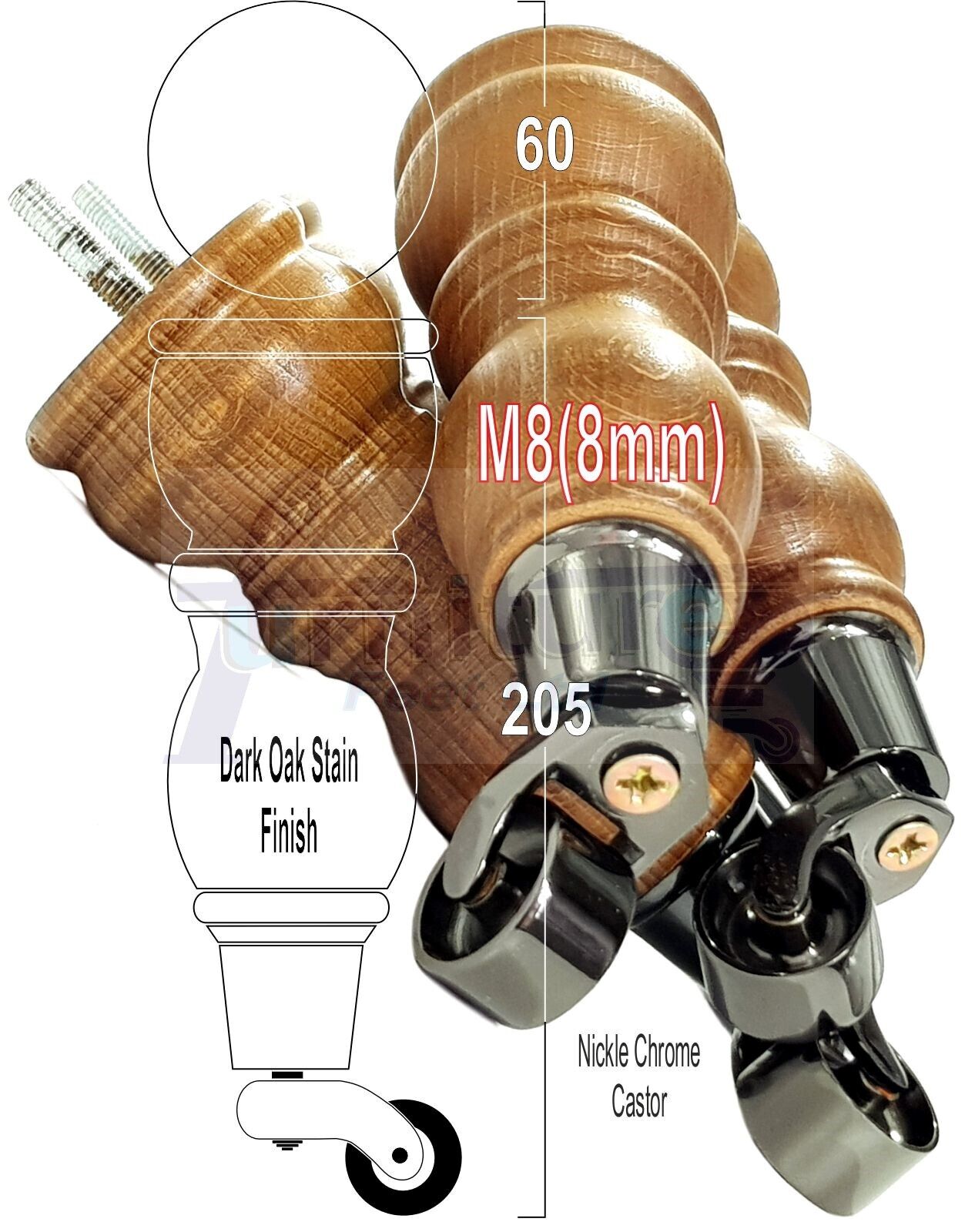 4x Furniture Feet With Castor 205mm High Legs Dark Oak Wood M8 Sofas Chairs Stools Cabinets 8 Inches Tall