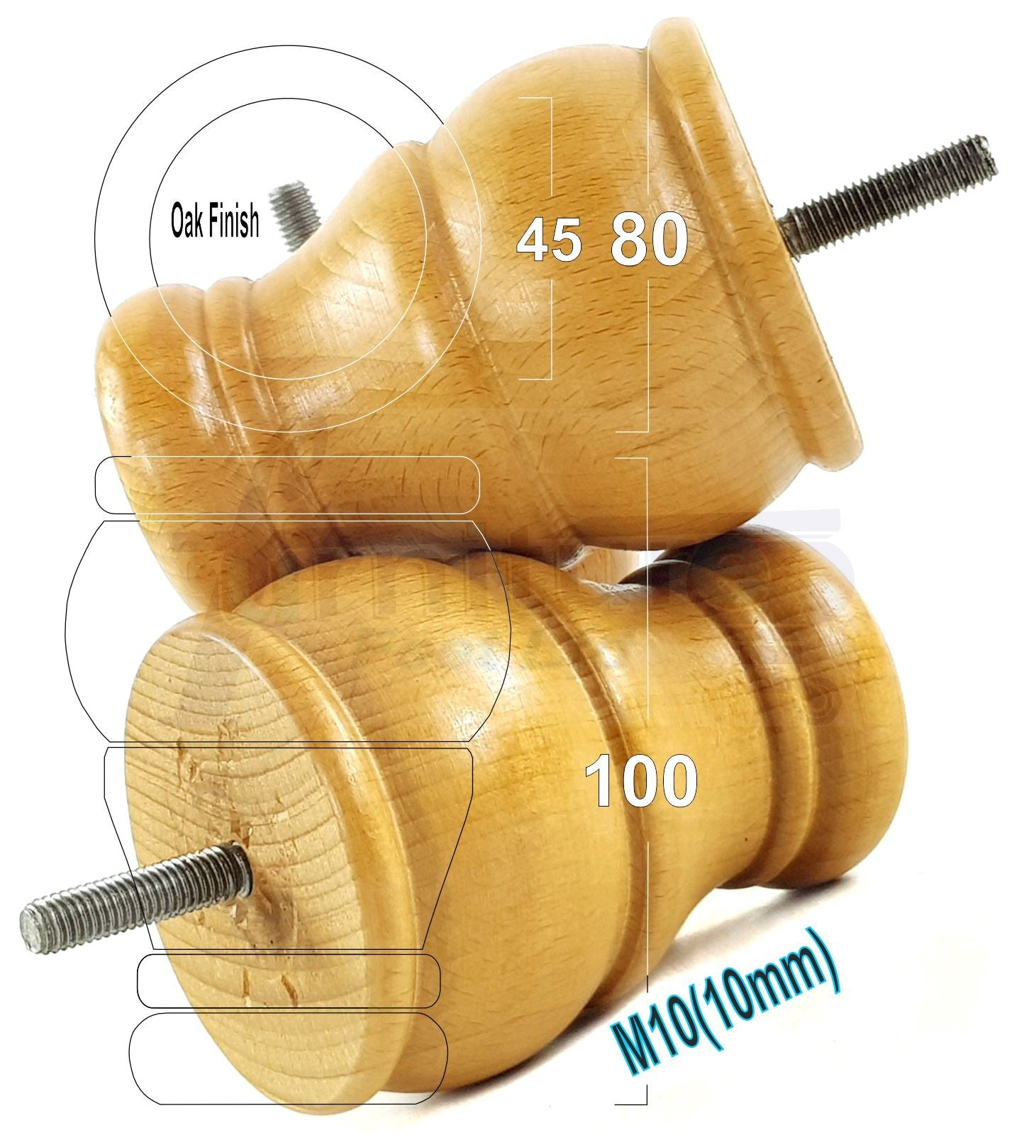 4 Turned Wood Furniture Legs Replacement Sofa Settee Chair Bed Feet 100mm High M10 Thread