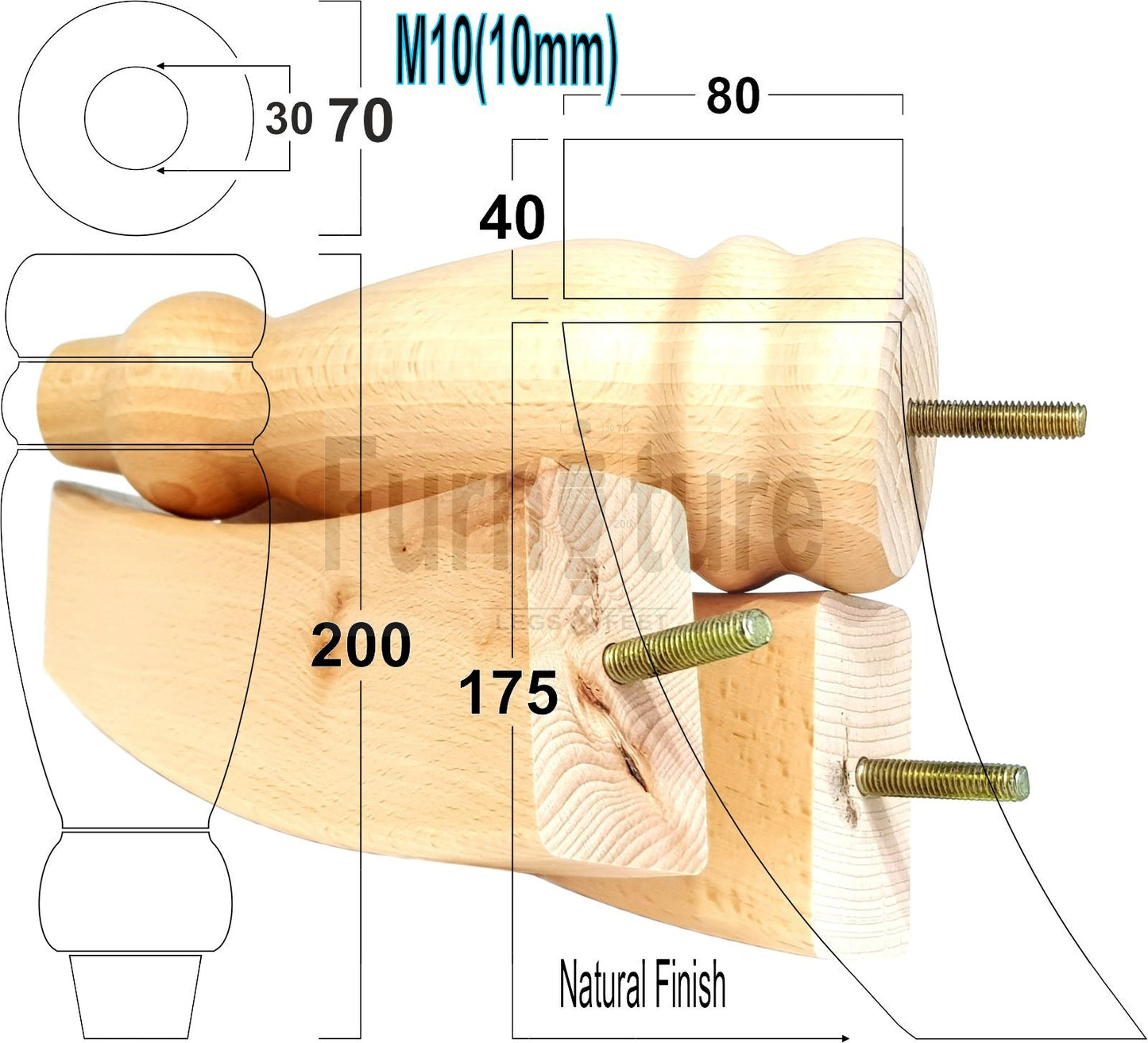 2x Furniture Legs Replacement Sofa Feet 200mm & 2x Curved Legs 175mm for Chairs Sofa Settee M10 Thread