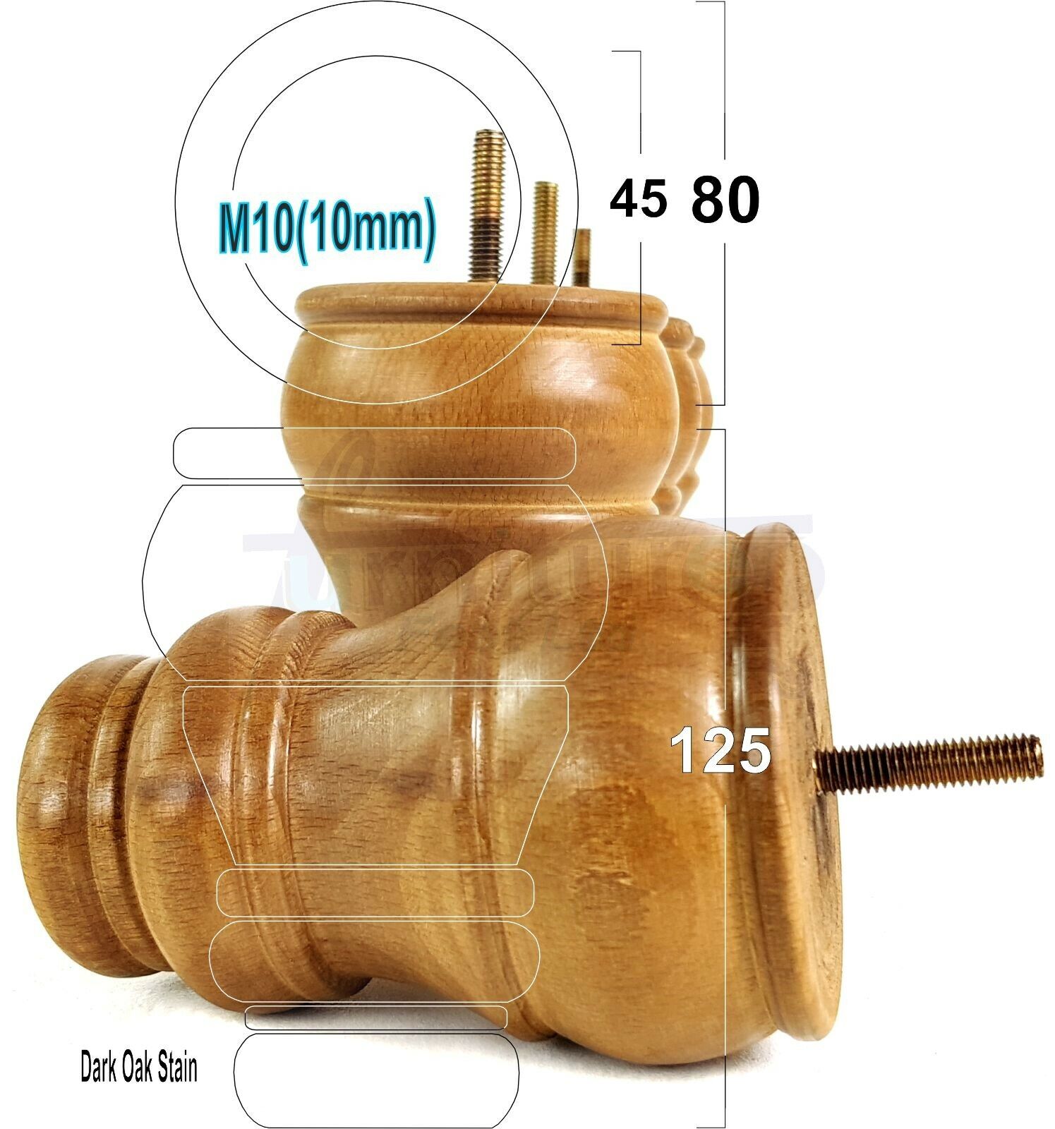4 Turned Wood Furniture Legs M10 Thread Replacement Feet 125mm High Sofa Chairs Beds