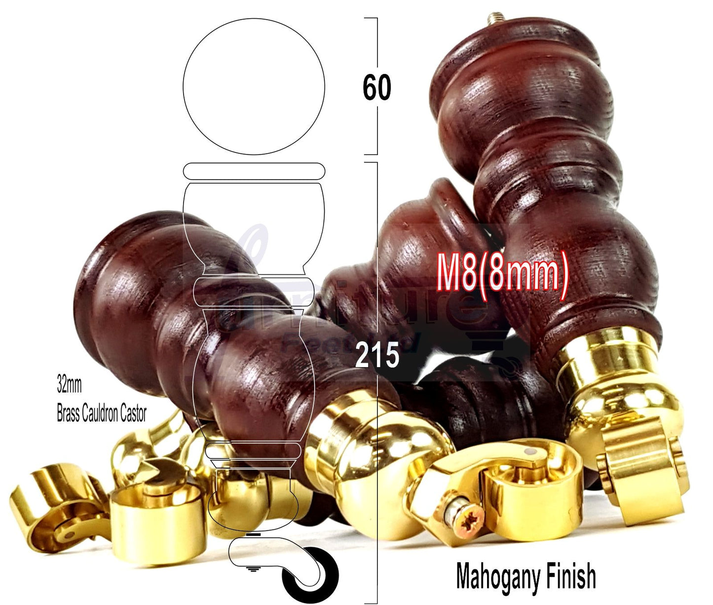 Solid Wood Furniture Feet With Castors Set of 4 Legs 205mm High For Sofas Chairs Cabinets & Beds M8 Mahogany Finish