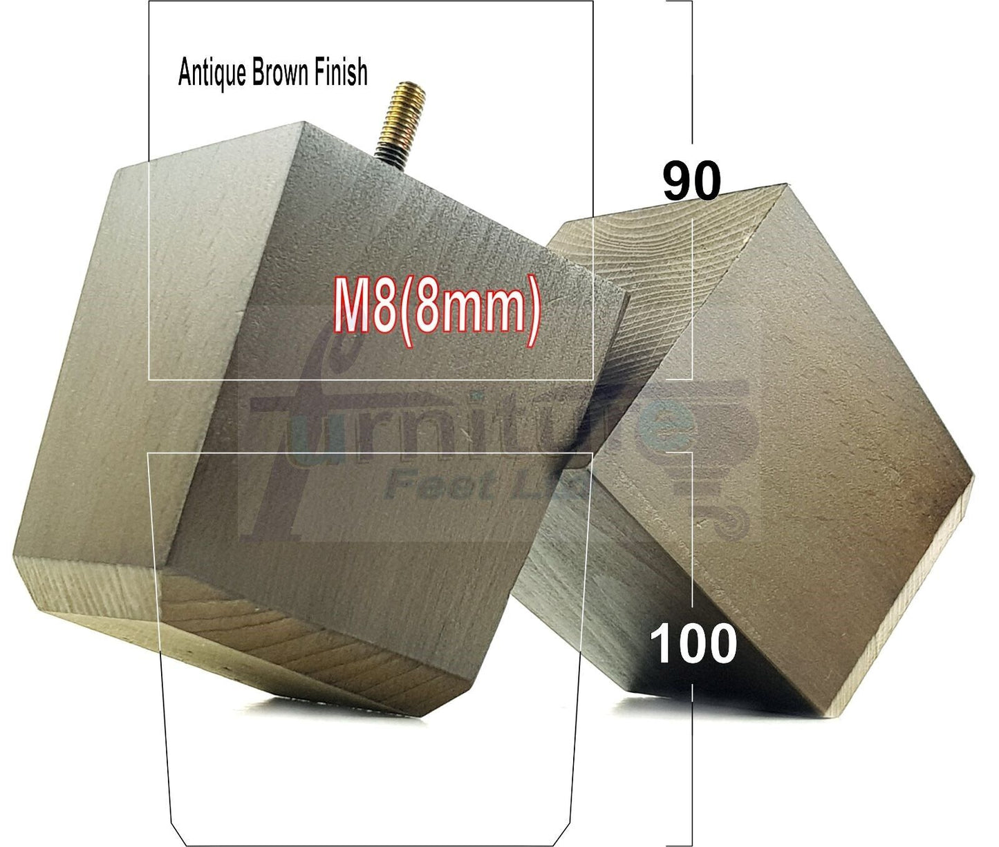 4x Solid Wood Square Furniture Legs Block Replacement Feet 100mm M8(8mm)