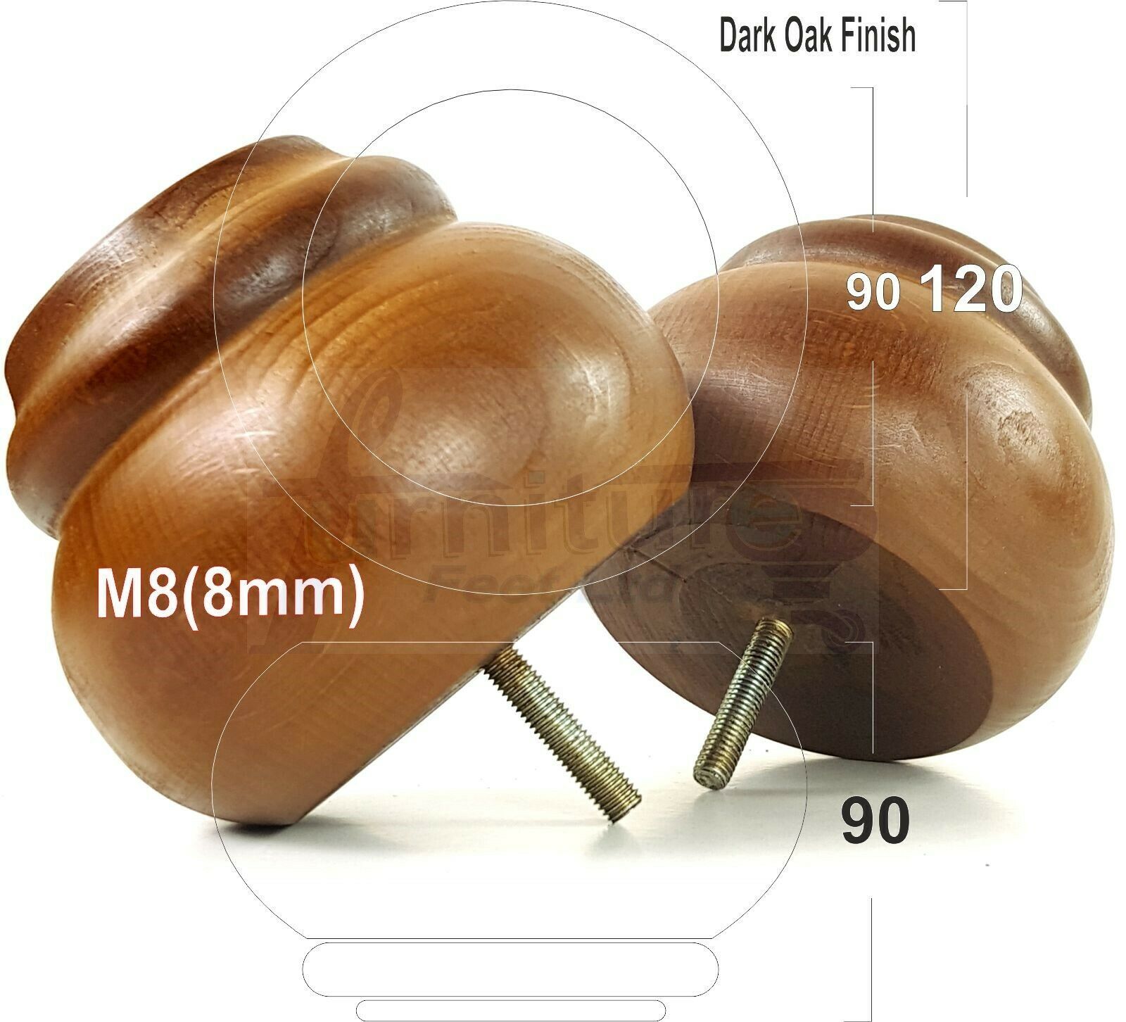 Set Of 4 Turned Wooden Furniture Legs Replacement Feet 90mm High 8mm Thread