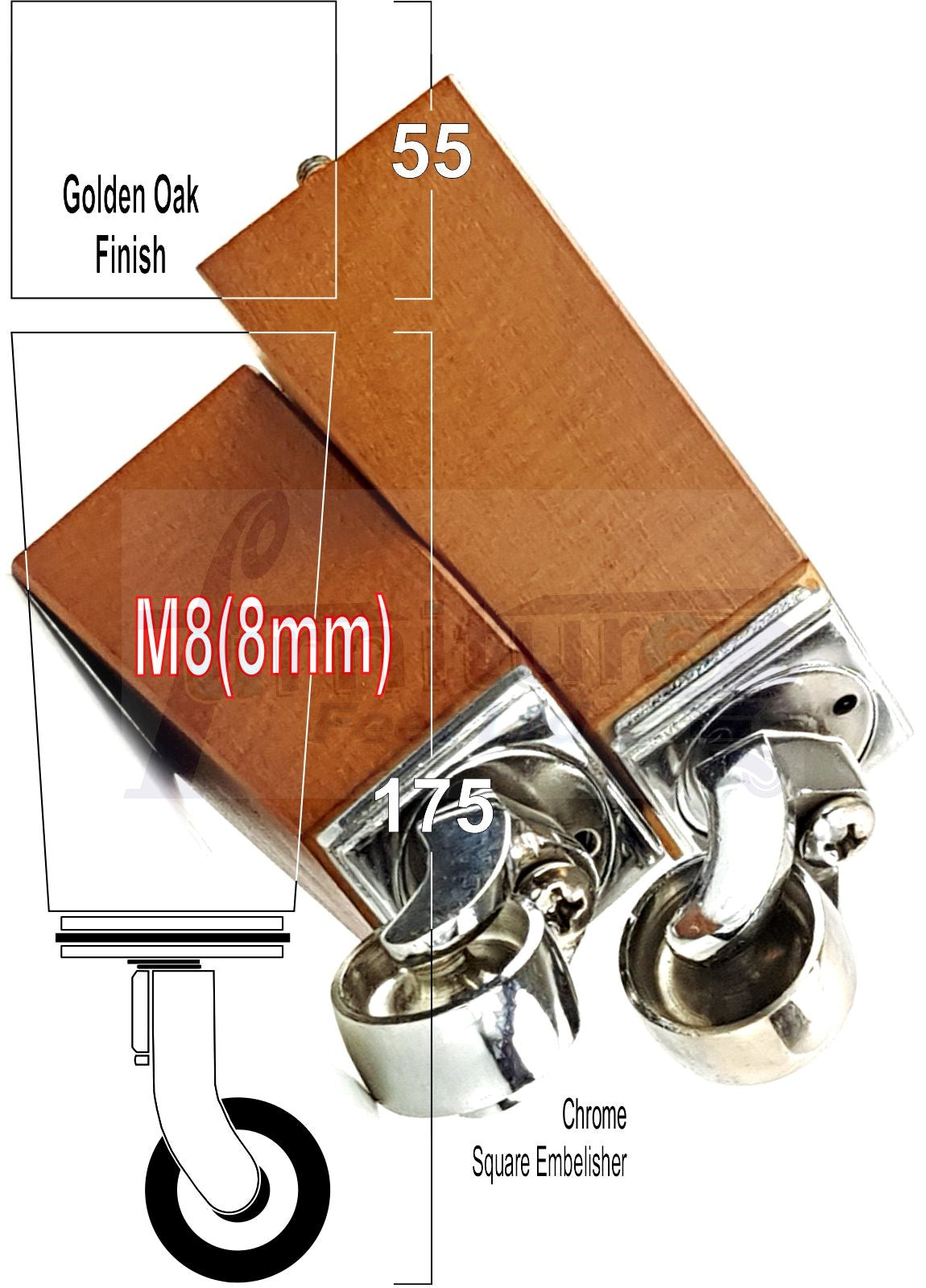 4x Solid Wood Furniture Legs Chair Sofa Bed Replacement Feet 175mm High With Chrome Castors 8mm Thread