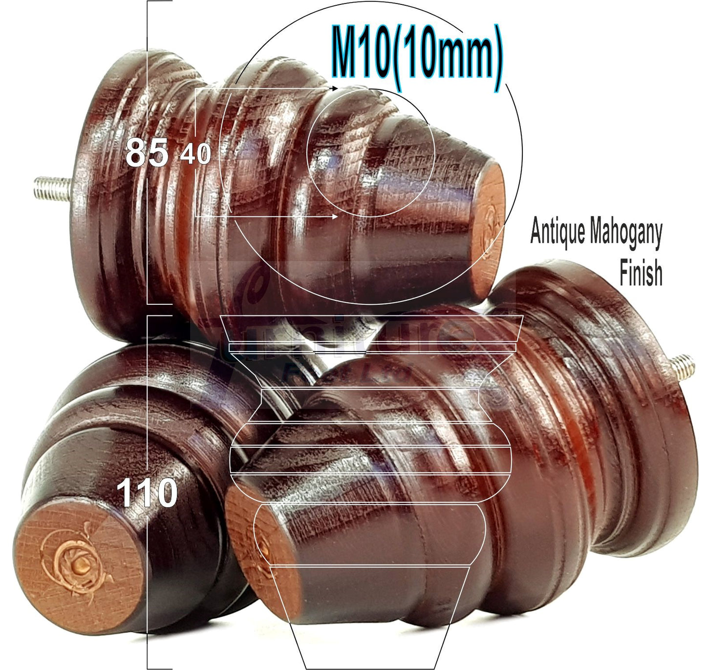 4 Turned Wood Furniture Legs Replacement Feet 110mm High Chairs Stools Sofa's Beds Settee M10 Thread