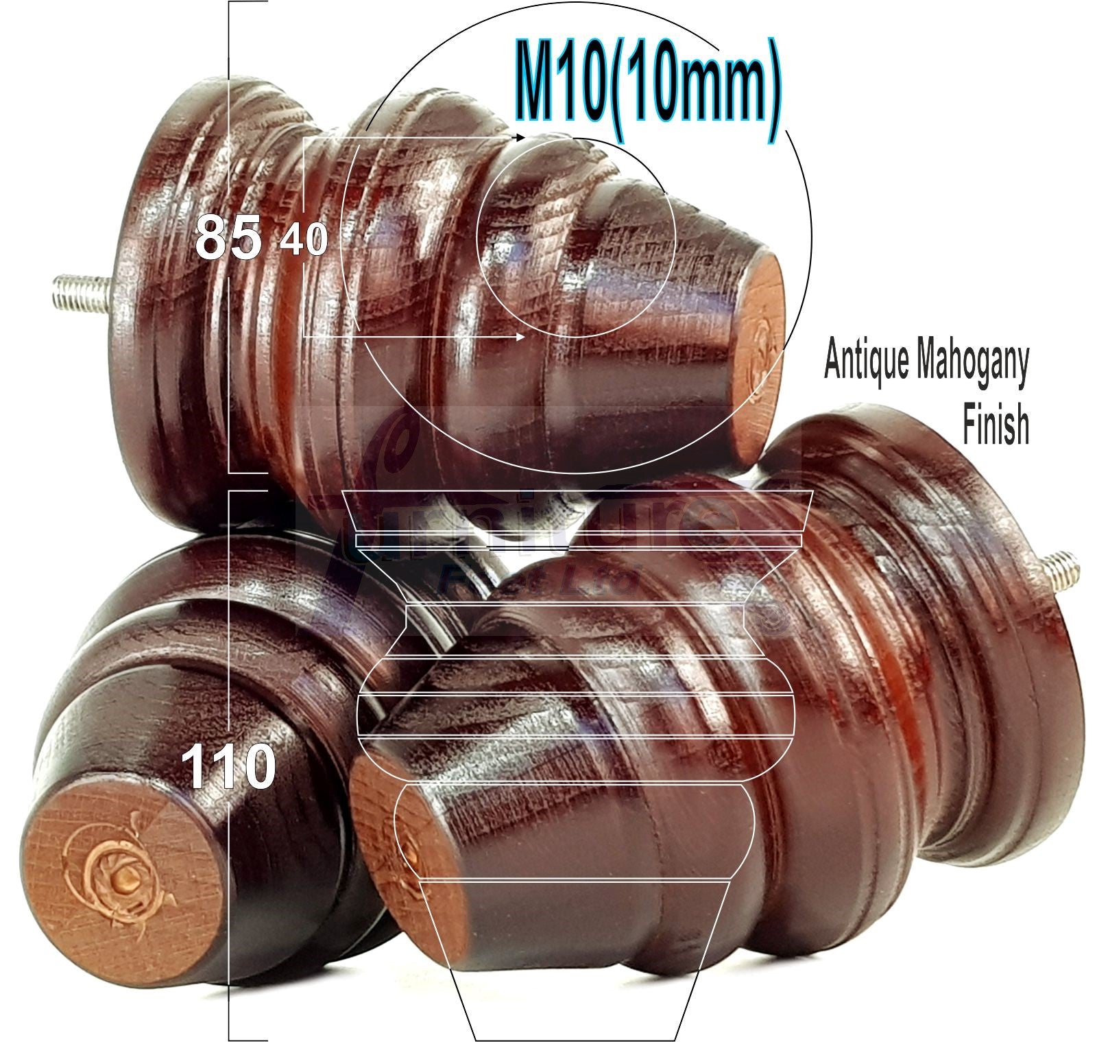 4 Turned Wood Furniture Legs Replacement Feet 110mm High Chairs Stools Sofa's Beds Settee M10 Thread