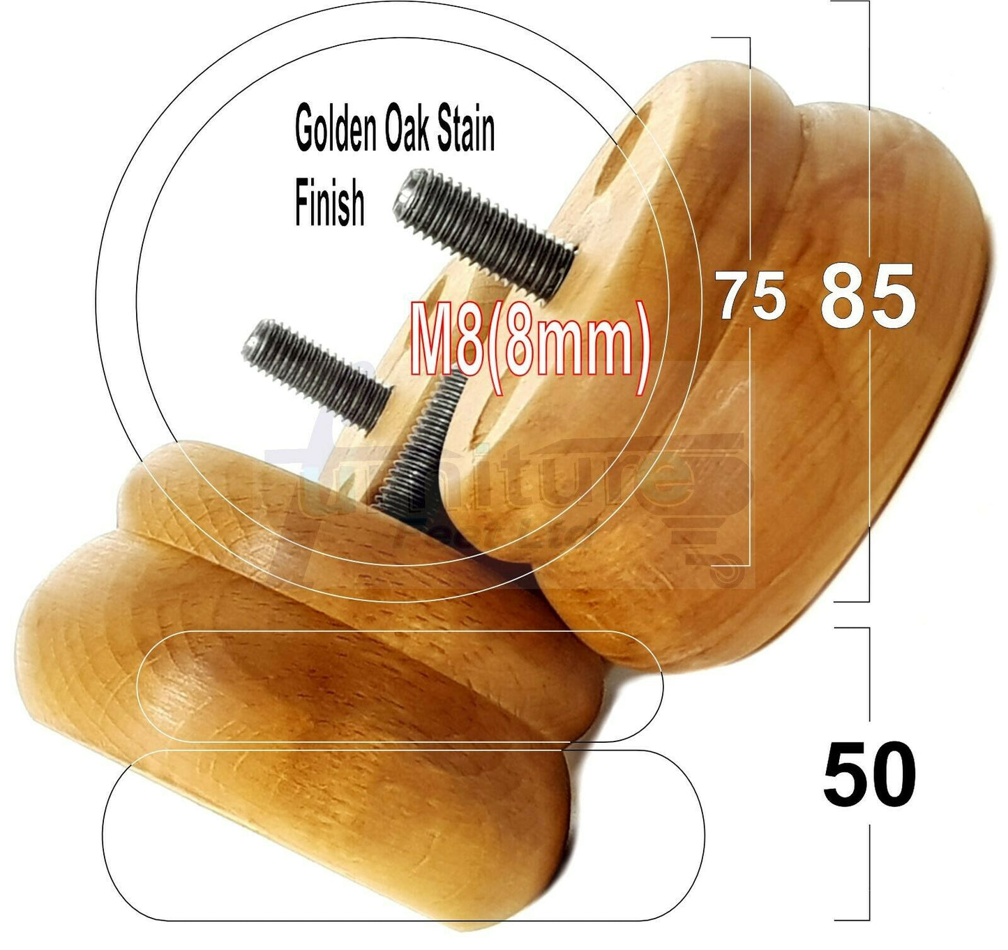 Set Of 4 Turned Wooden Furniture Legs Replacement Bun Feet 50mm High 8mm Thread