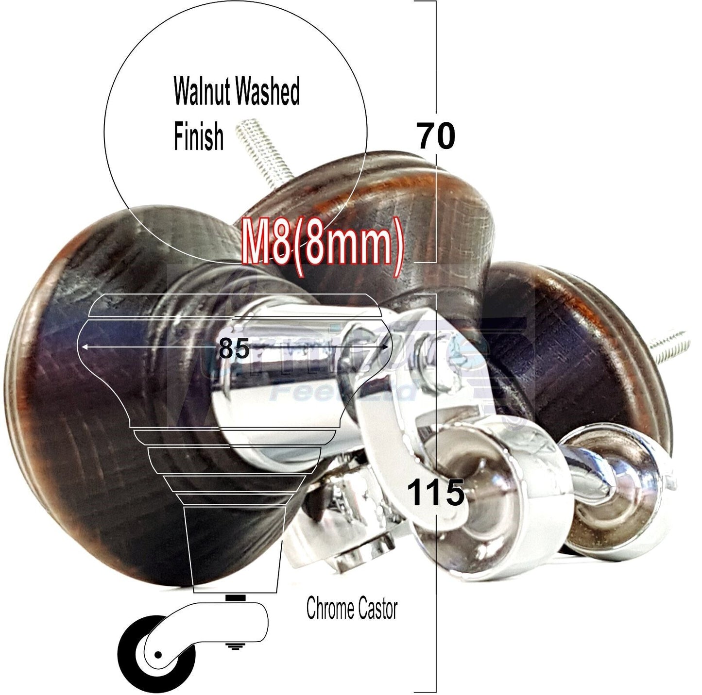 4x Dark Walnut Washed Wooden Furniture Sofa Legs M8 With Castors Replacement Chair Settee Feet 115mm - 125mm High