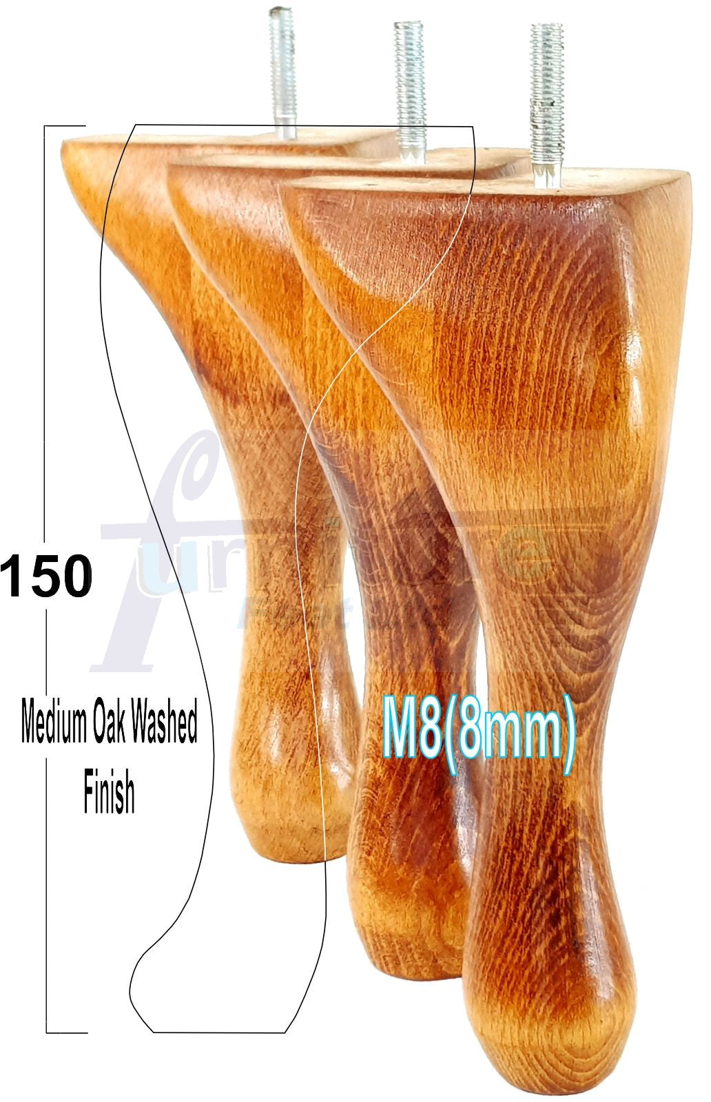 4 Solid Wood Furniture Feet 150mm High Queen Anne Replacement Legs M8 (8mm) 6 Inches Chair Stools Bed Sofa Georgian Style