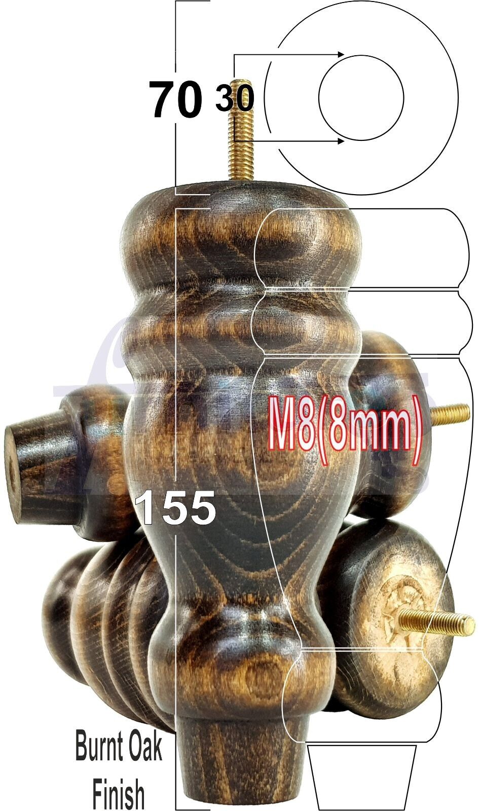 Set Of 4 Turned Wood Furniture Replacement Feet 155mm High 8mm Tread