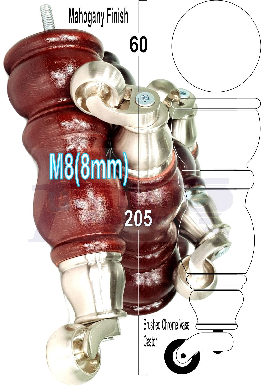 Solid Wood Furniture Feet With Castors Set of 4 Legs 205mm High For Sofas Chairs Cabinets & Beds M8 Mahogany Finish