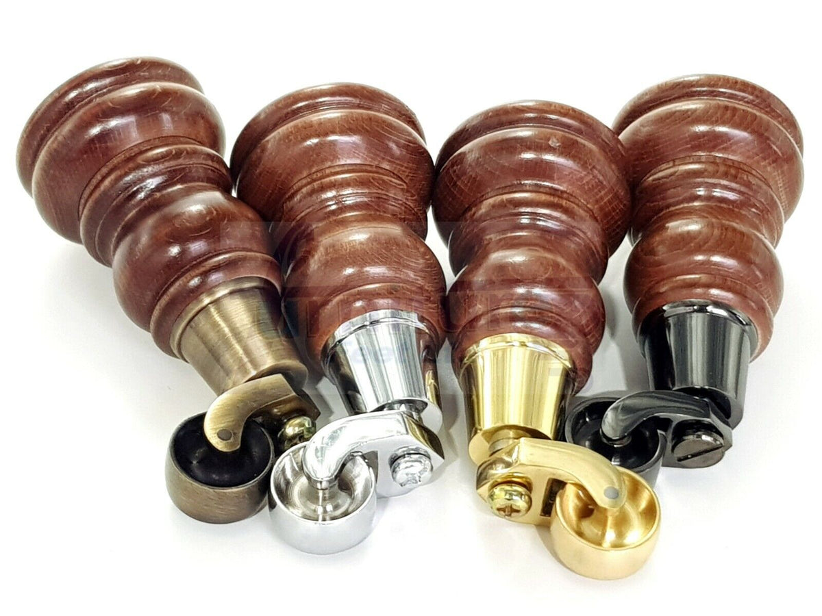4 Turned Solid Beech Wood Furniture Legs with Castor Replacement Sofa Feet 155mm High M10 Threaded Dowl Fix