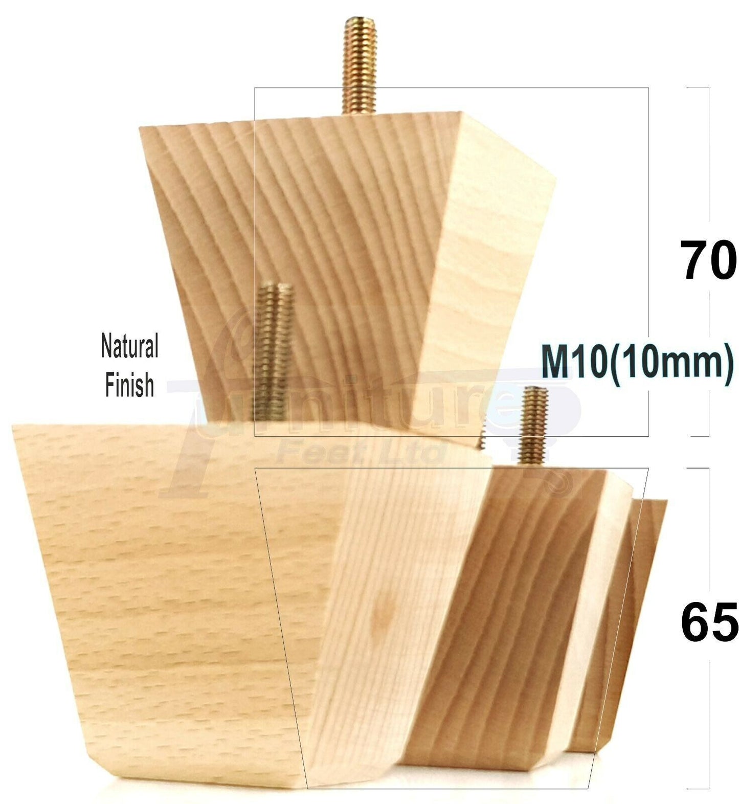 4 Solid Wood Square Furniture Feet Replacement Legs 65mm High M10 Thread