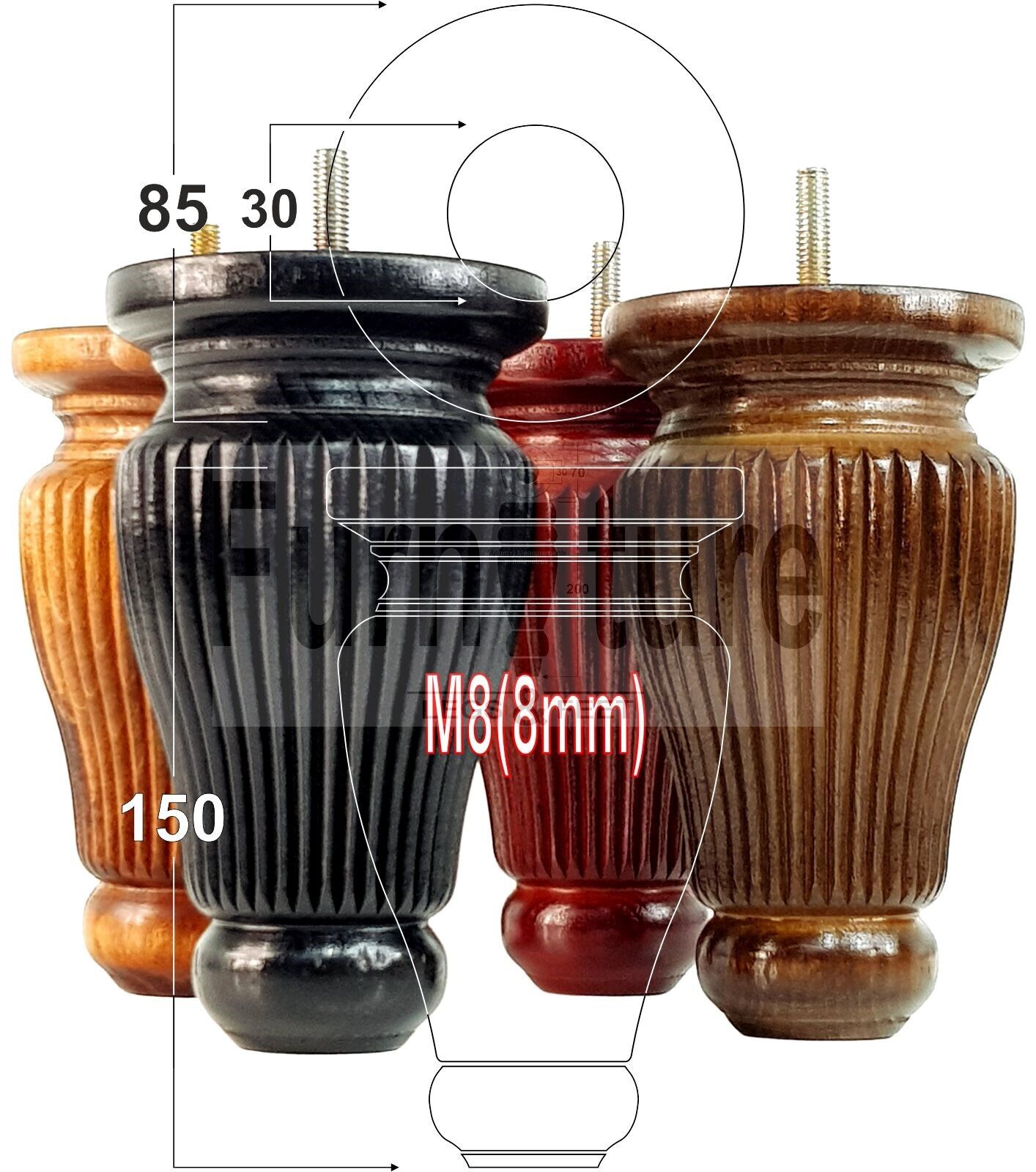 4 Solid Wood Traditional Turned Furniture Legs Replacement Bun Feet 150mm High Multiple Colours Chairs Stools Sofas Beds Settee Cabinets M8