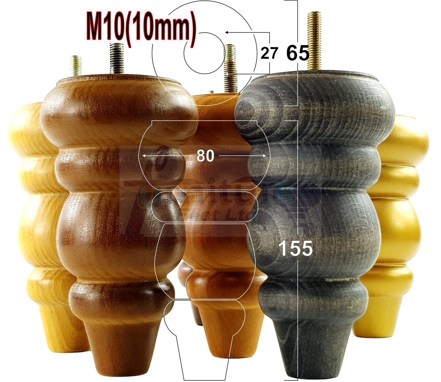 4 Wood Round Furniture Feet Turned Replacement Legs 155mm High Chairs Stools Sofa Beds Settee Cabinets M10 Various Colours 6 Inch high
