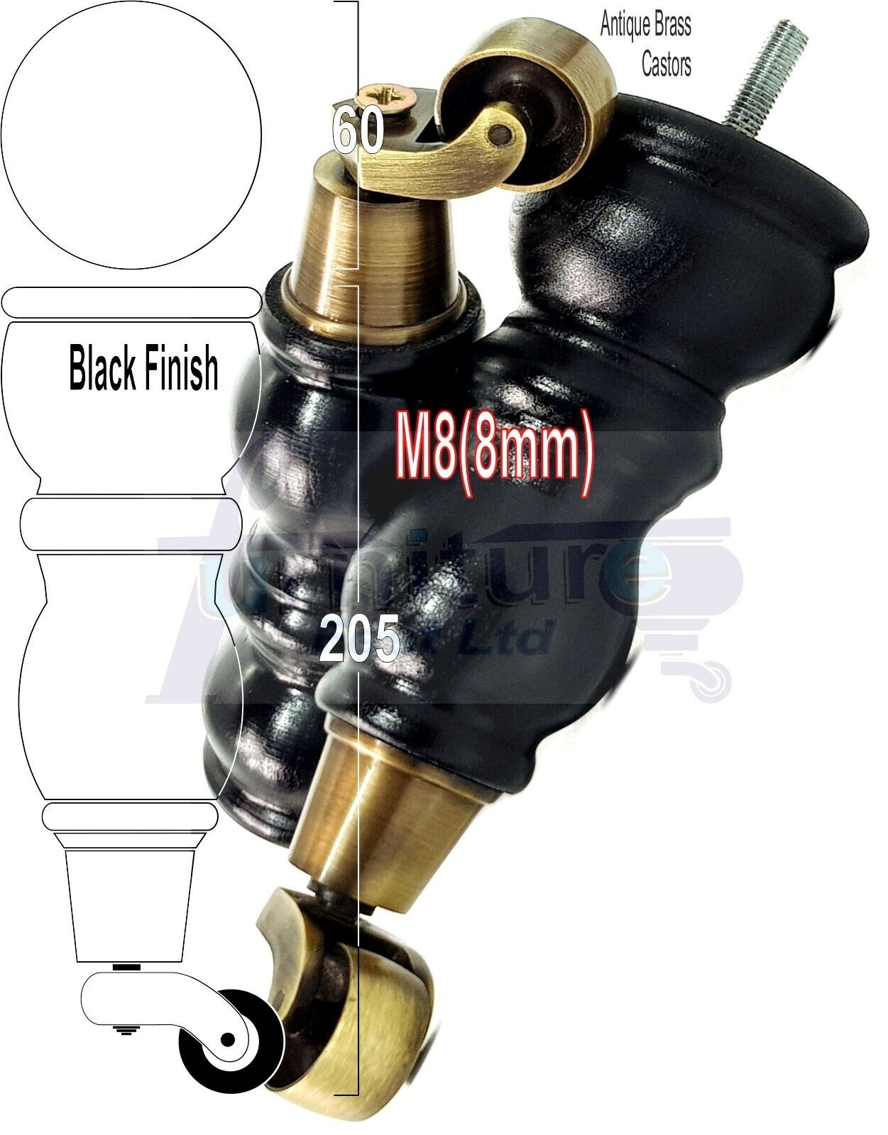 4x Furniture Feet With Castor 205mm High Legs Black Wood M8 Sofas Chairs Stools Cabinets 8 Inches Tall