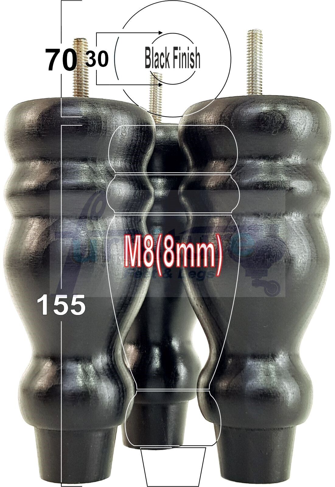 Set Of 4 Turned Wood Furniture Replacement Feet 155mm High 8mm Tread