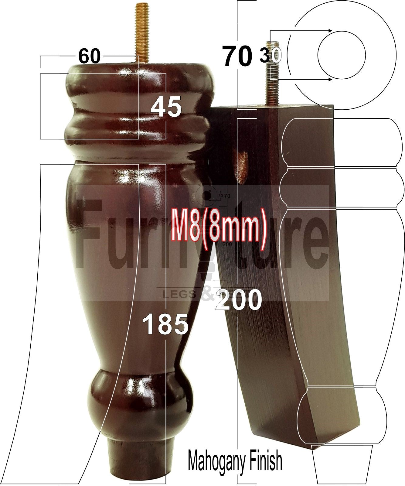 2 Traditional Turned Furniture Feet Replacement Sofa Legs 200mm & 2 Curved Back Legs 185mm for Chairs Stools Sofa Beds Settee Cabinets M8