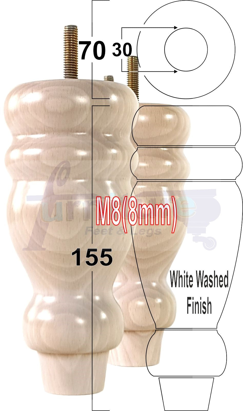 Set Of 4 Turned Wood Furniture Replacement Feet 155mm High 8mm Tread