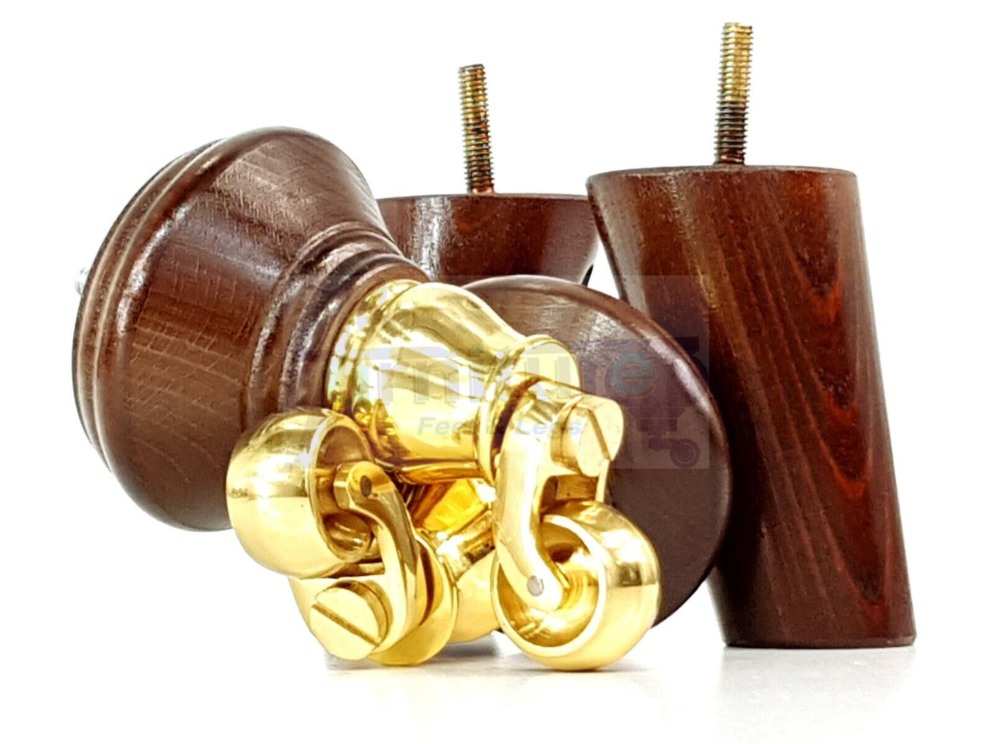 2 Antique Brown Wood Furniture Sofa Legs With Castor 125mm & 2 Angled Back Feet Chair Settee 100mm High M8