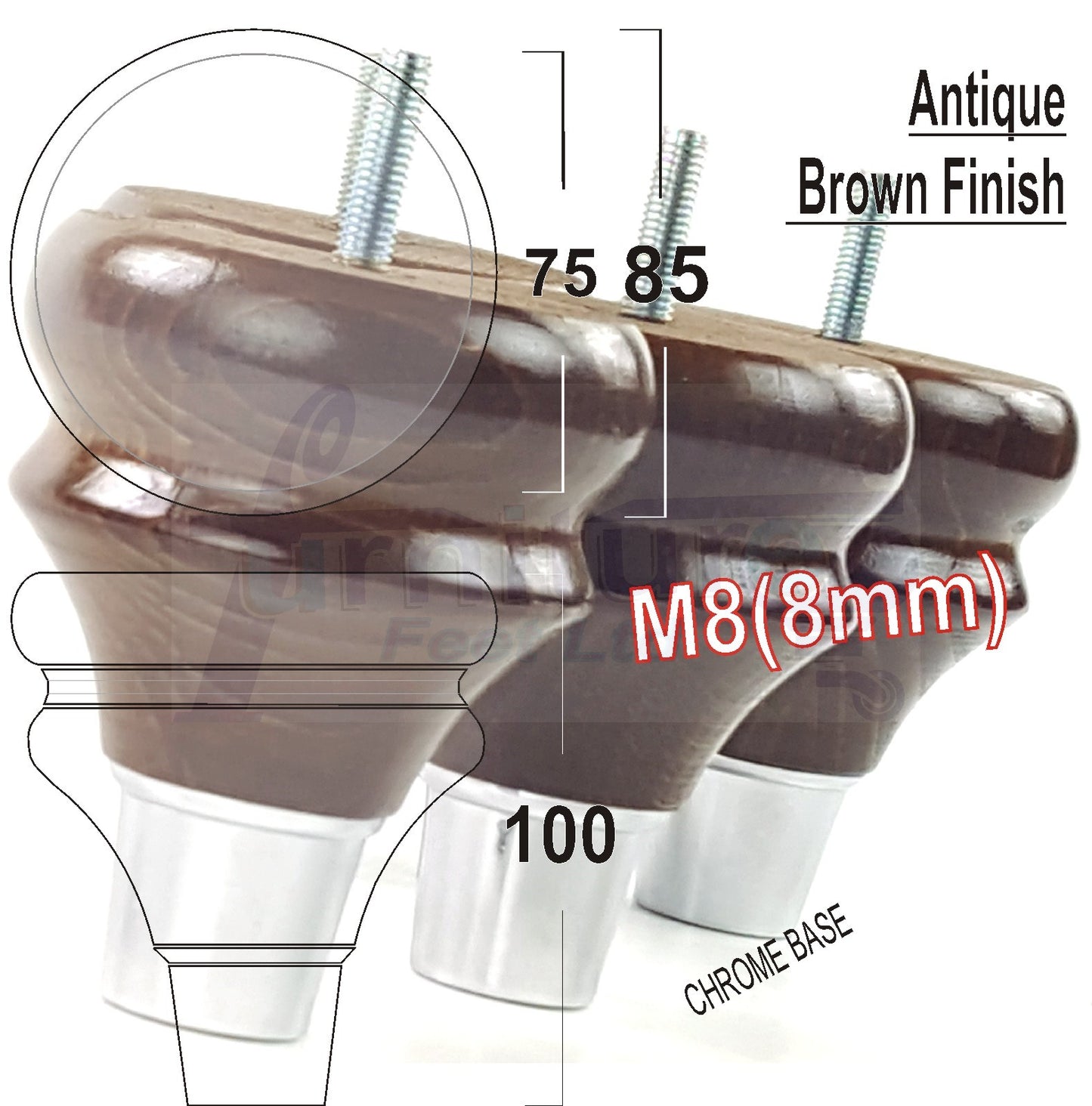 4x Turned Wood Furniture Feet M8(8mm) With A Chrome Slipper Cup Chair Sofa Settee Legs 100mm