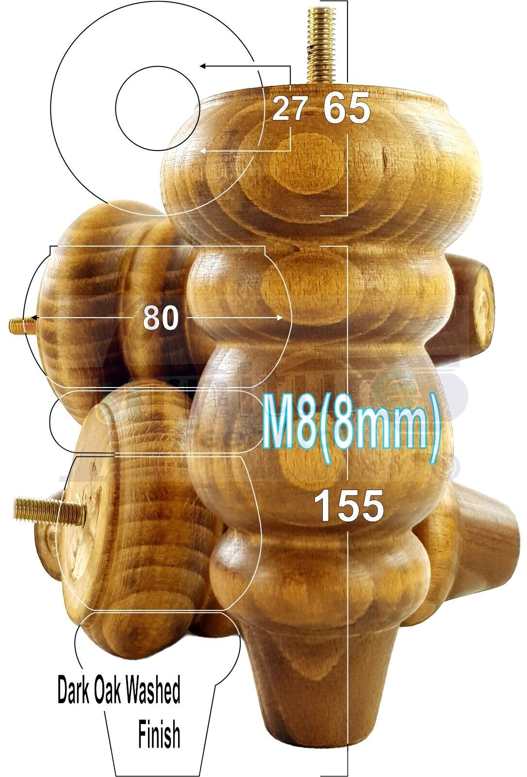 4 Solid Turned Wood Furniture Sofa Leg M8 Chair Settee Footstool Feet 155mm High