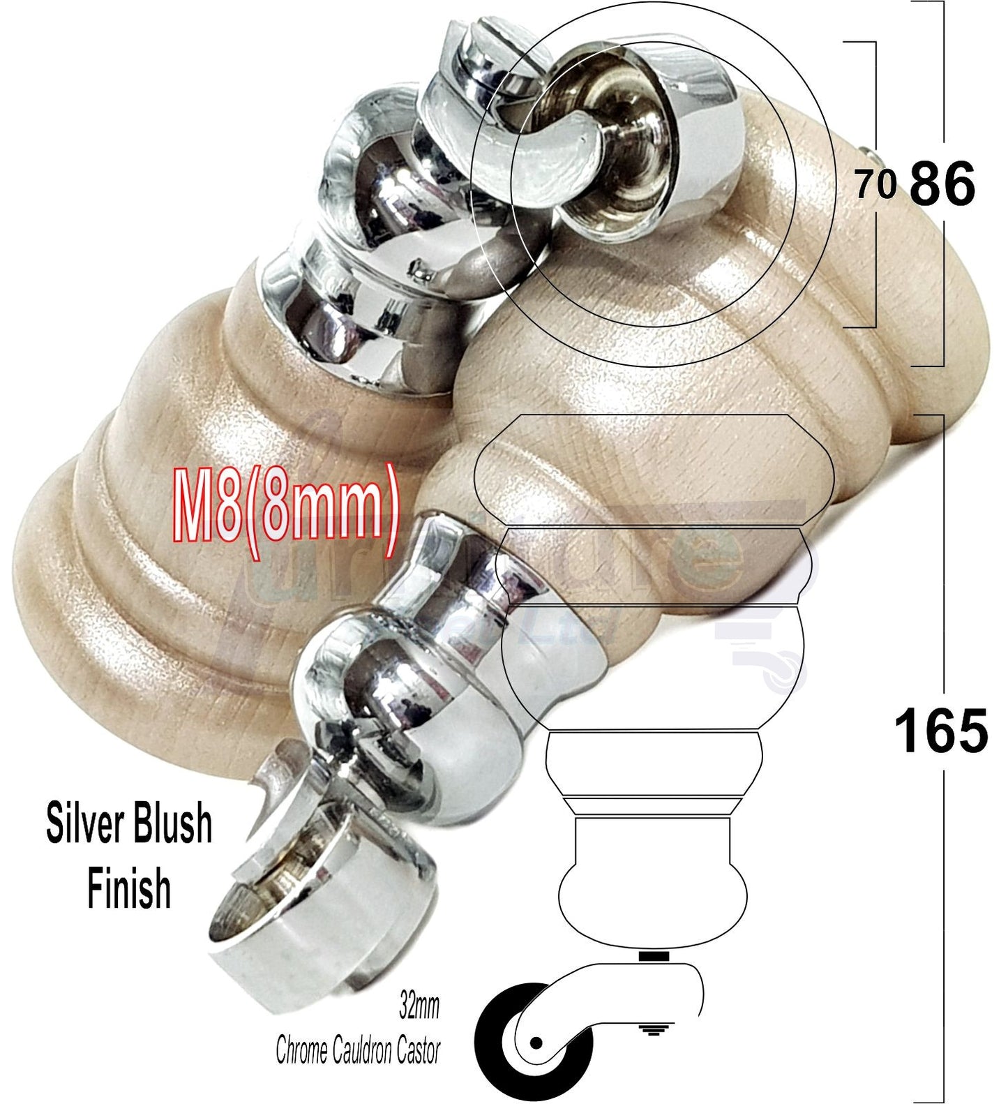 4 Turned Wood Furniture Feet With Chrome Cauldron Castors 155mm Legs Sofas Chairs Stools Cabinets Beds M8 6 Inches